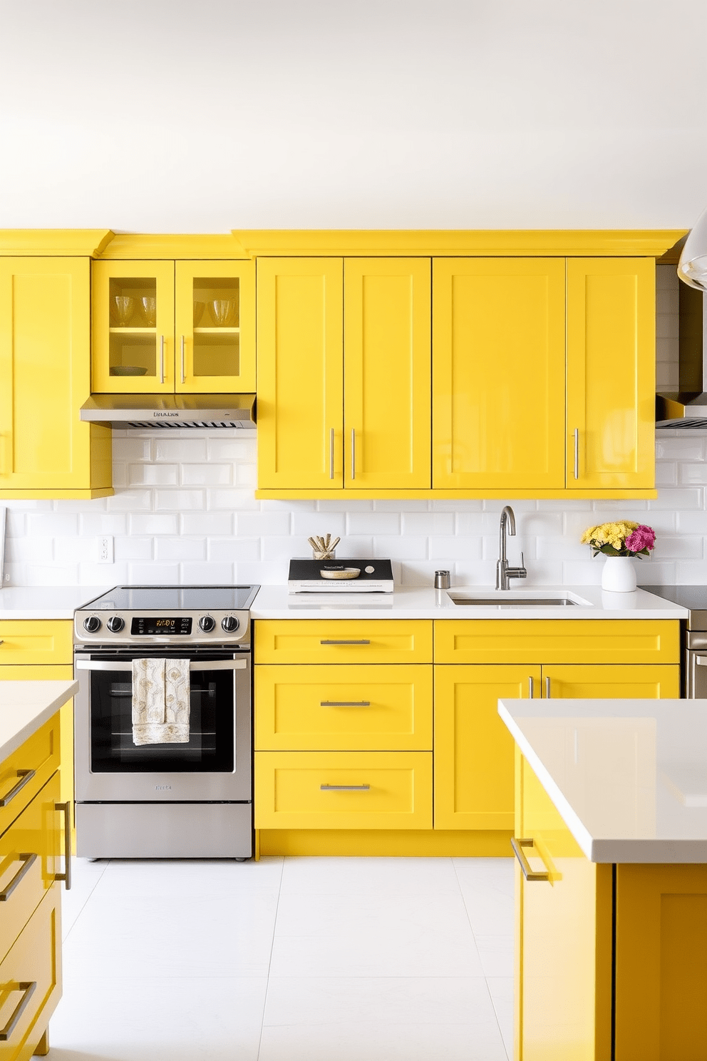 A bright and inviting kitchen featuring glossy yellow cabinets with sleek modern hardware. The countertops are white quartz, and the backsplash consists of small white subway tiles.