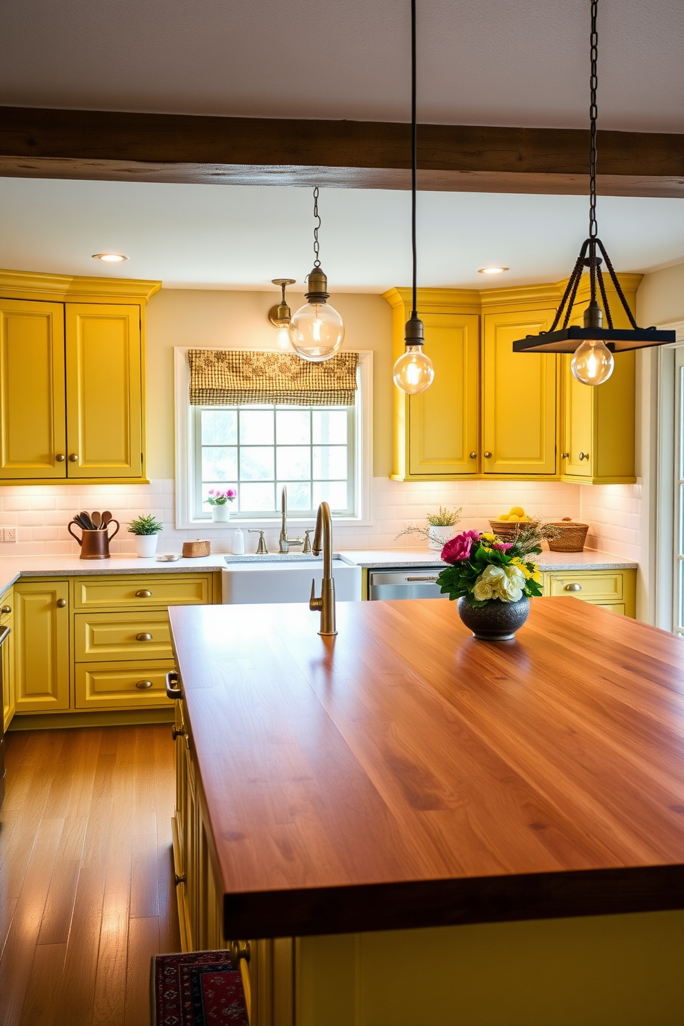 A warm and inviting kitchen filled with golden yellow tones creates a cozy ambiance. The cabinets are a soft buttery yellow, complemented by a white farmhouse sink and brass hardware. A large kitchen island with a polished wood countertop serves as a central gathering place. Pendant lights with warm bulbs hang above, casting a gentle glow over the space.