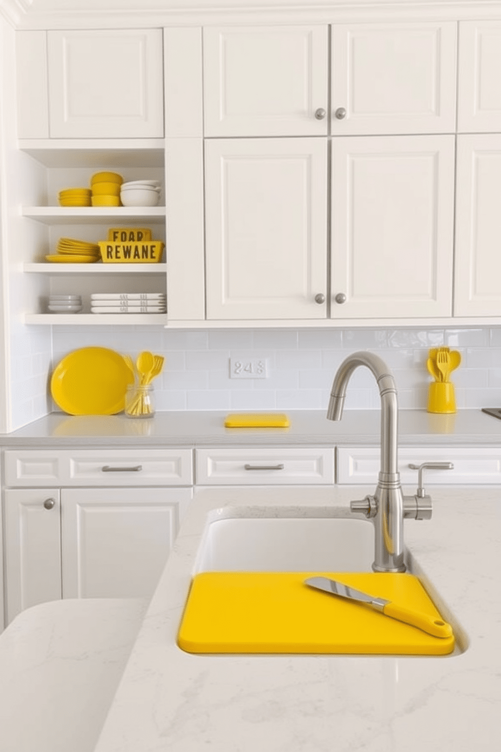 A bright and cheerful kitchen featuring yellow cutting boards and kitchen utensils. The cabinetry is painted a soft white, creating a fresh contrast with the vibrant yellow accents throughout the space. The countertops are a light gray quartz, providing a sleek and modern surface for food preparation. A farmhouse sink with a polished nickel faucet adds a touch of elegance to the overall design.