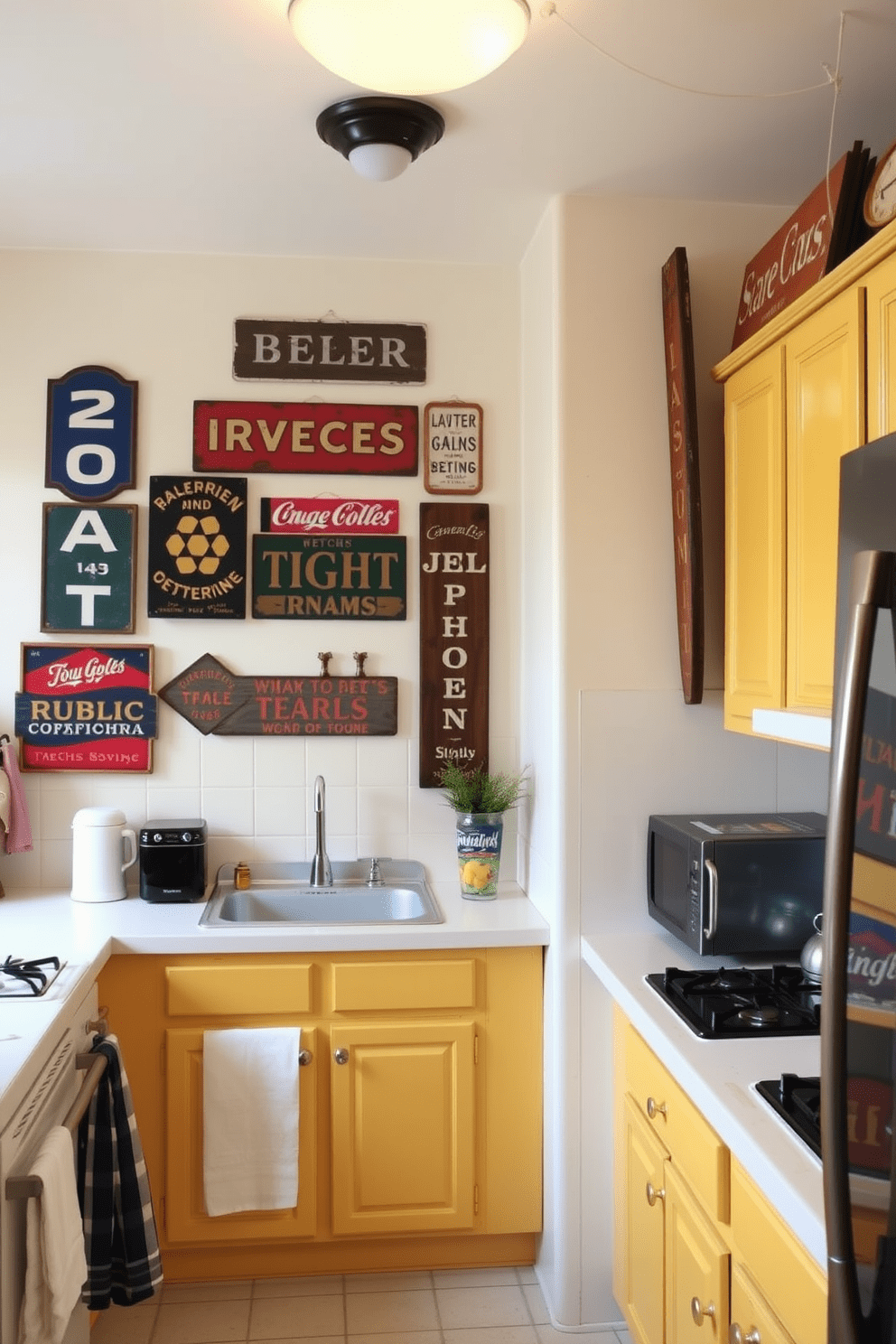 A charming yellow kitchen filled with vintage signs that add character and warmth to the space. The walls are painted a soft cream color, and the cabinets are a cheerful yellow, creating a bright and inviting atmosphere.