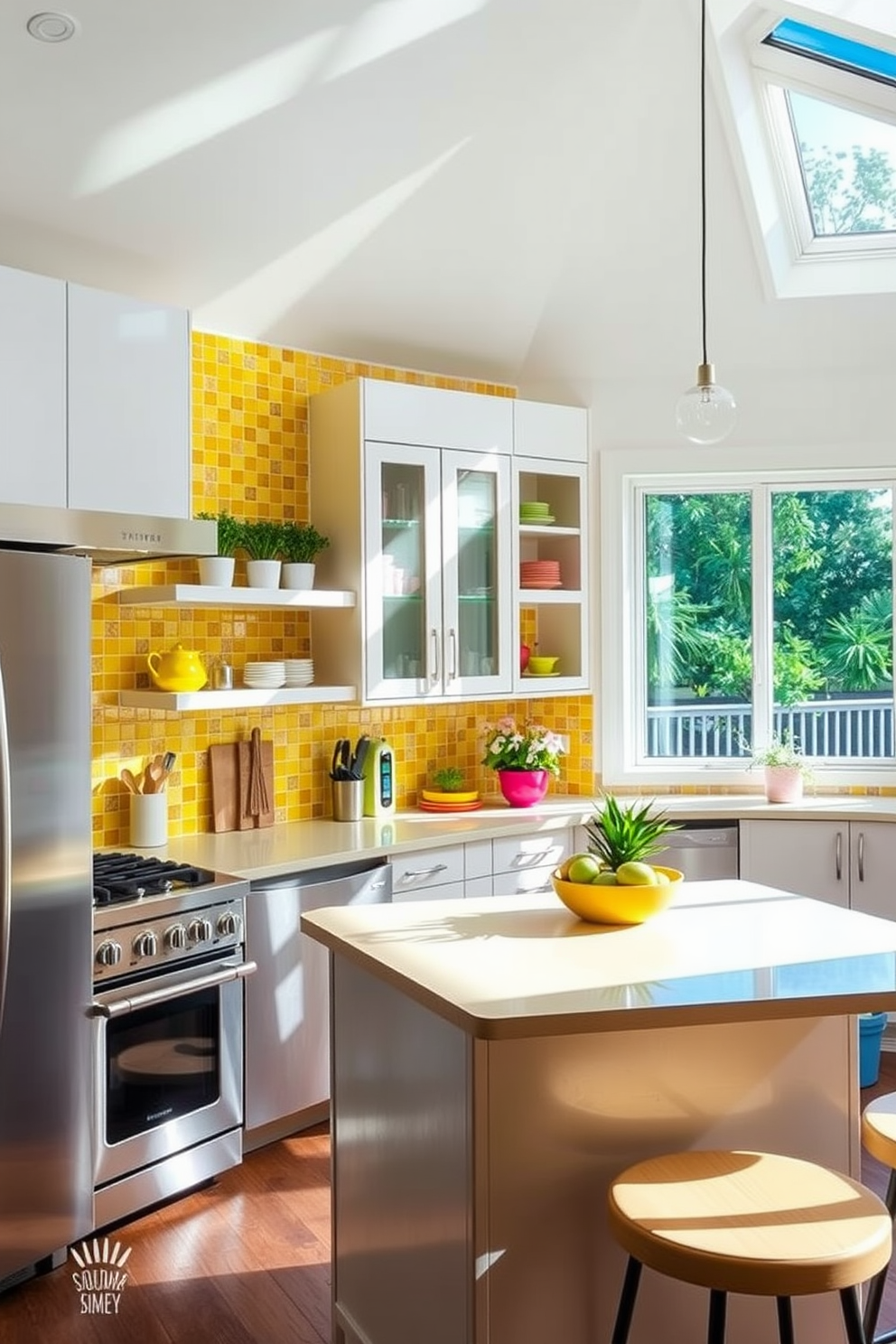 A vibrant kitchen featuring yellow mosaic tiles as a unique backsplash. The cabinetry is sleek and modern, complemented by stainless steel appliances and a spacious island for cooking and entertaining. Sunlight streams in through large windows, illuminating the cheerful yellow tones. Decorative plants and colorful kitchenware add a lively touch to the overall design.