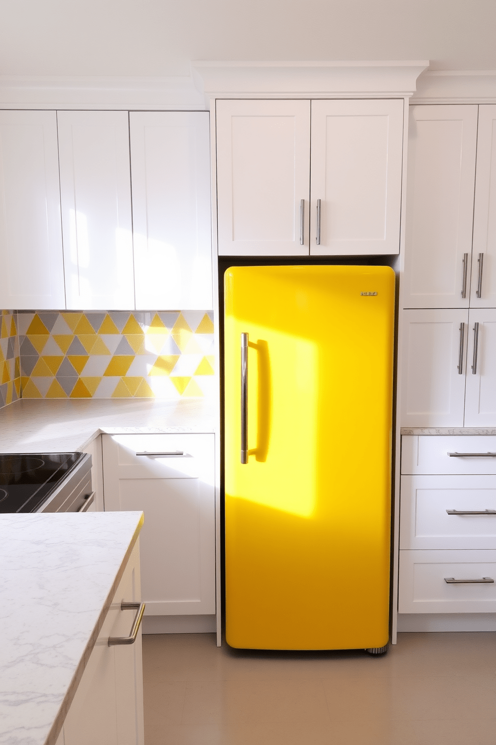 A bright yellow fridge stands out as a fun statement piece in a modern kitchen. The surrounding cabinetry is sleek and white, complementing the vibrant color and adding a fresh, airy feel to the space. The countertops are made of polished quartz with subtle gray veining, providing a stylish contrast to the cheerful fridge. A colorful backsplash featuring geometric patterns in shades of yellow and gray ties the design together, enhancing the playful atmosphere of the kitchen.