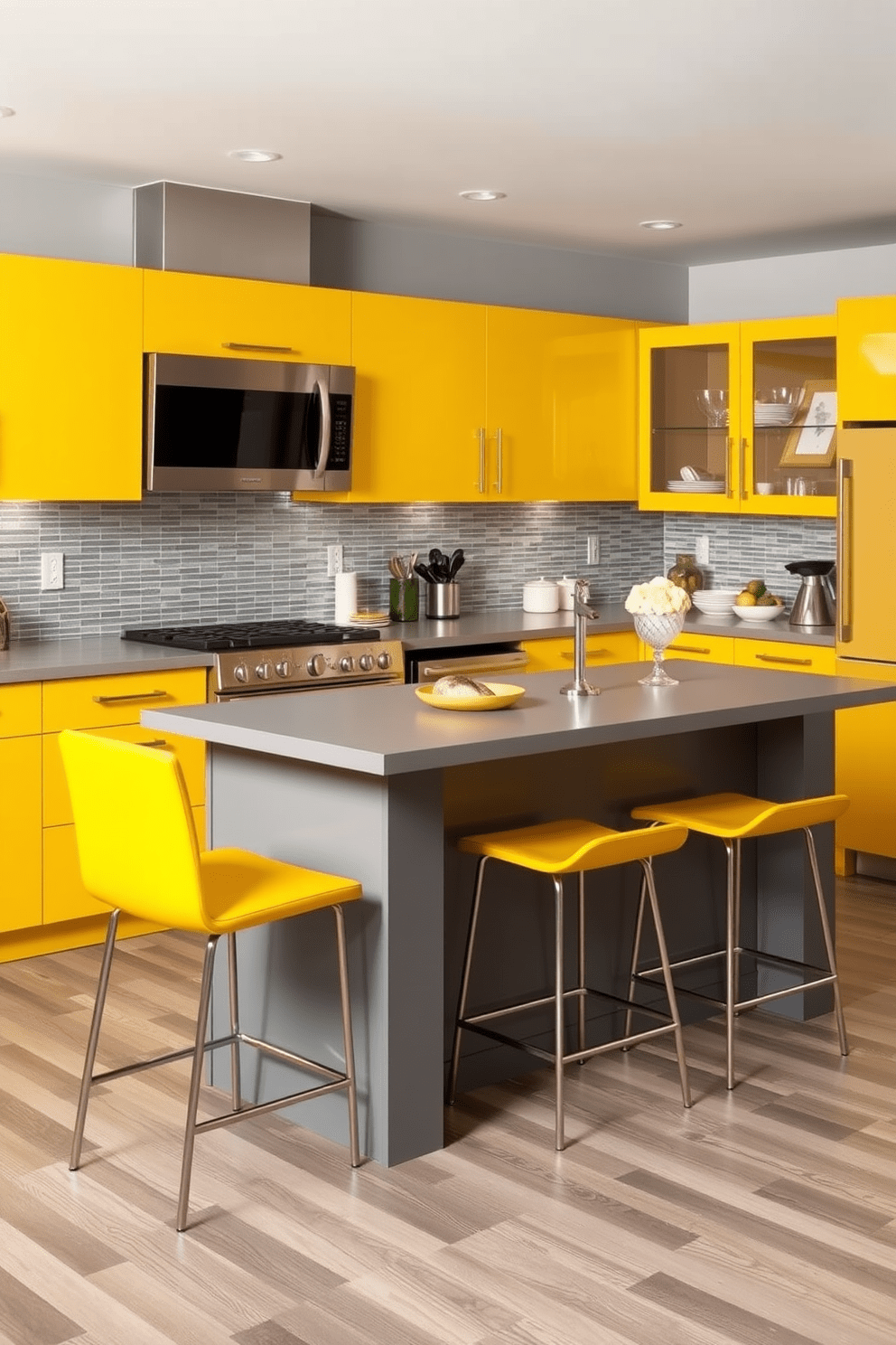 A modern kitchen featuring a yellow and gray color palette. The cabinets are a bright yellow with sleek gray countertops, complemented by stainless steel appliances. The backsplash is a stylish gray tile that adds texture to the space. A large kitchen island with yellow bar stools serves as a focal point, perfect for casual dining and entertaining.