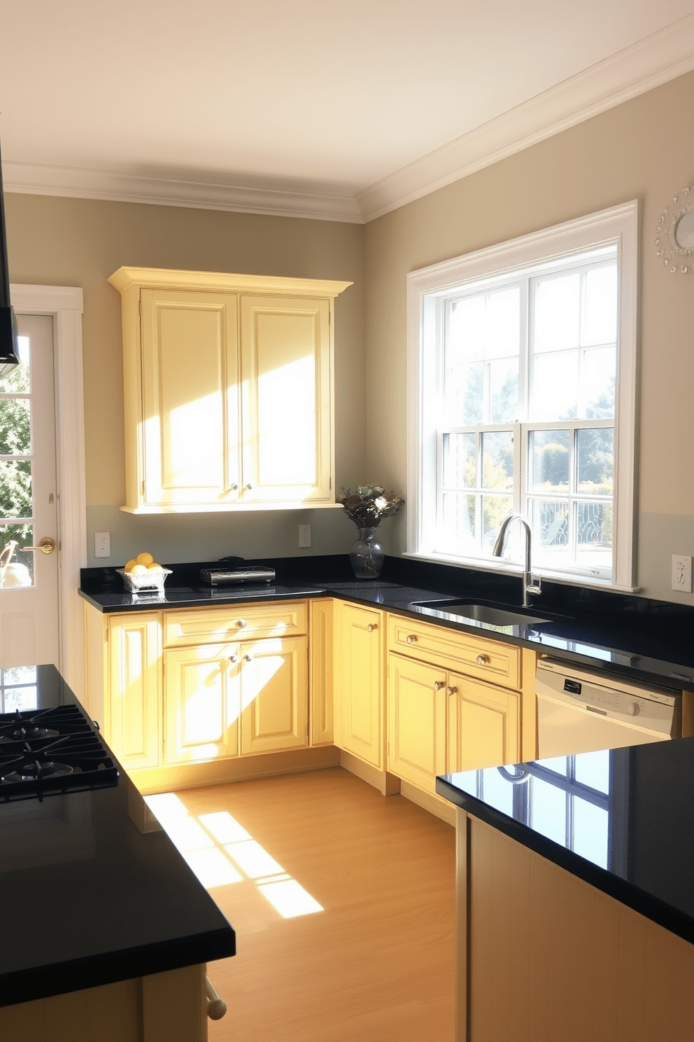 A bright and inviting kitchen featuring light yellow cabinetry paired with sleek dark countertops. The space is enhanced by natural light streaming through large windows, creating a warm and cheerful atmosphere.