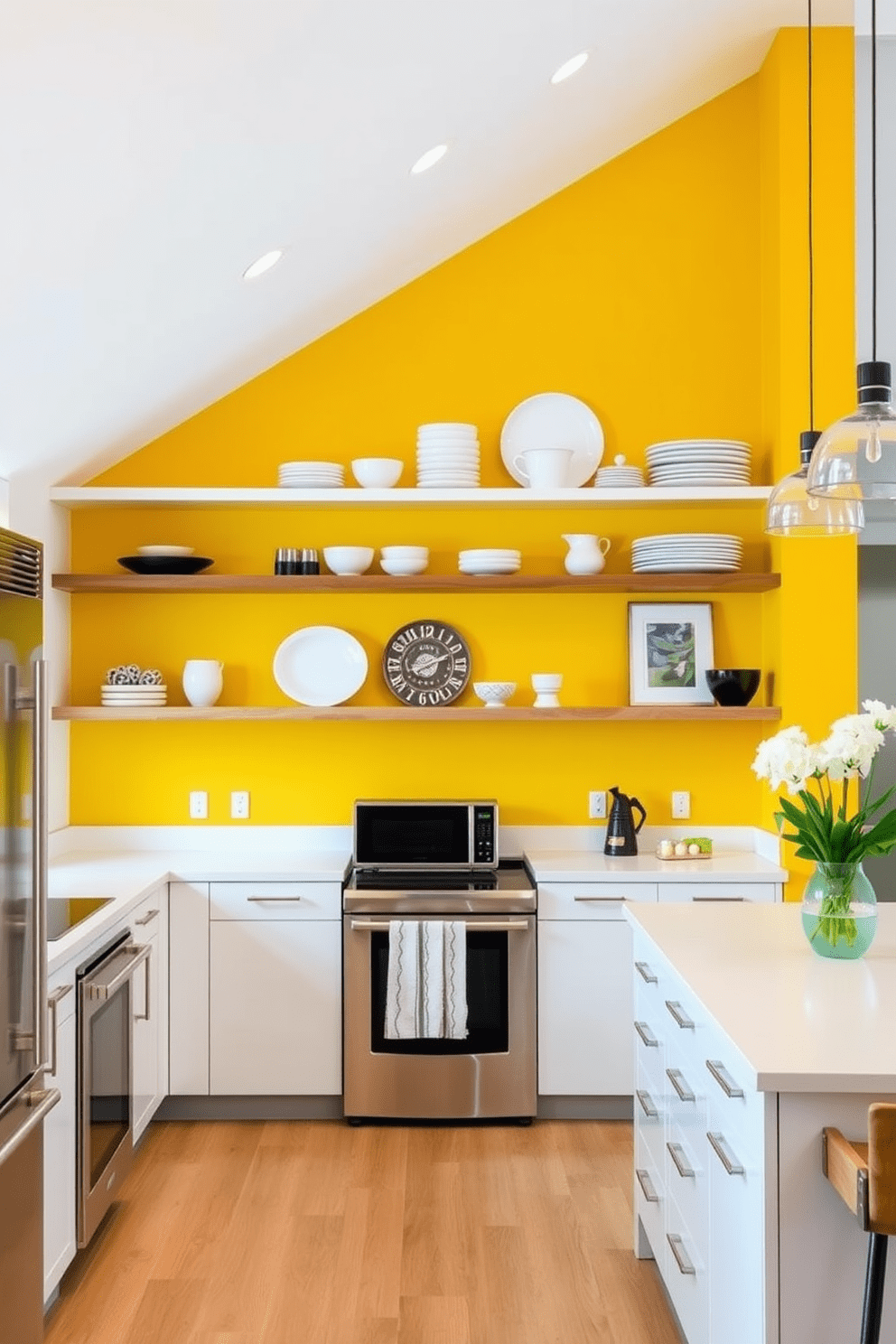 A vibrant yellow accent wall serves as the focal point of this modern kitchen, creating a cheerful and inviting atmosphere. Open shelving above the countertops showcases stylish dishware and decorative items, adding both functionality and charm to the space. The kitchen features sleek white cabinetry paired with stainless steel appliances, providing a clean and contemporary look. A large island with bar seating offers a perfect spot for casual dining and entertaining.