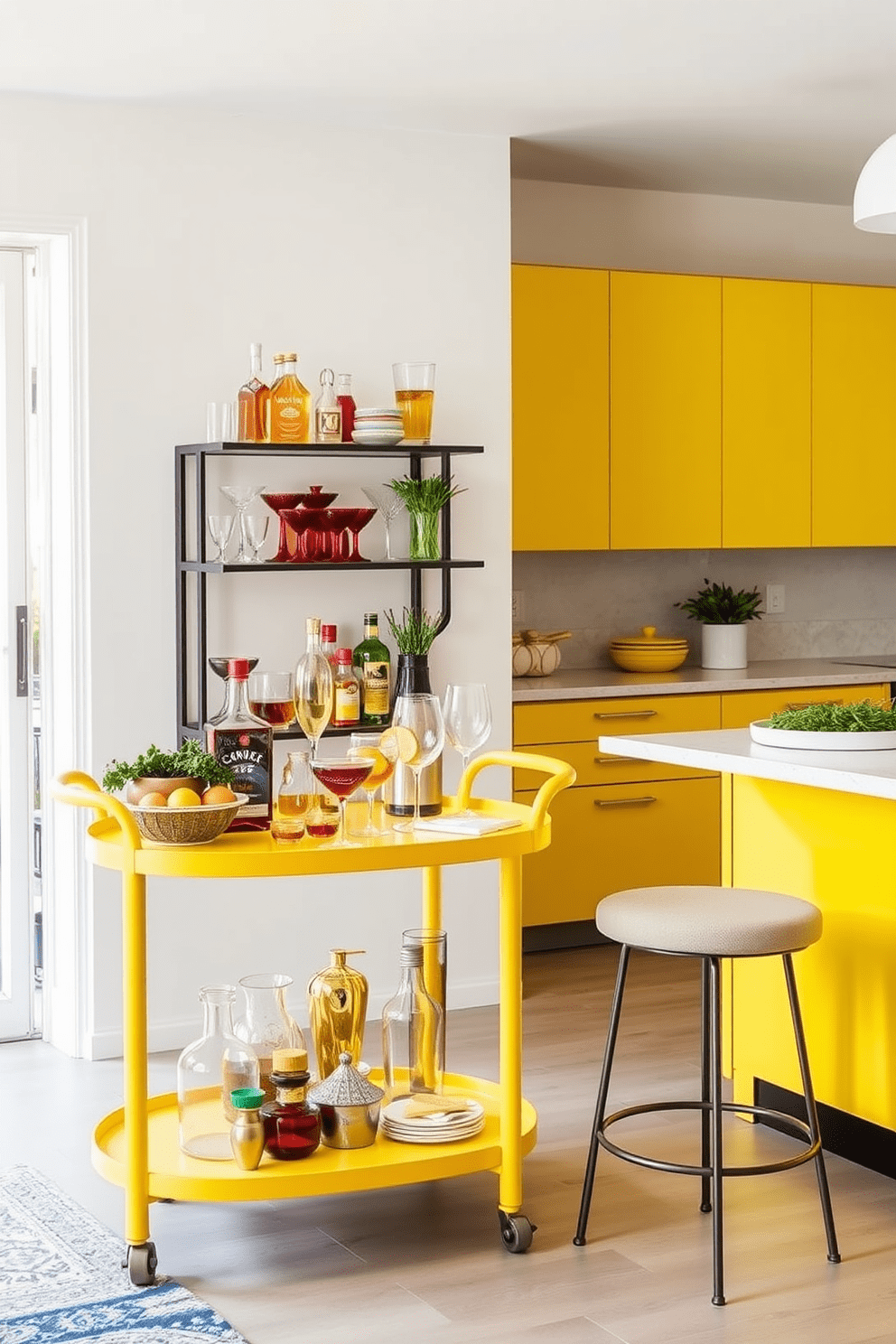 A bold yellow bar cart stands prominently in the entertaining space, adorned with an array of colorful glassware and cocktail accessories. The cart is complemented by stylish bar stools that invite guests to gather around and enjoy drinks. The kitchen features a vibrant yellow design, with cabinets painted in a cheerful shade that brightens the room. Sleek countertops in a contrasting color enhance the modern aesthetic, while decorative elements like fresh herbs and cheerful dishware add warmth and personality.