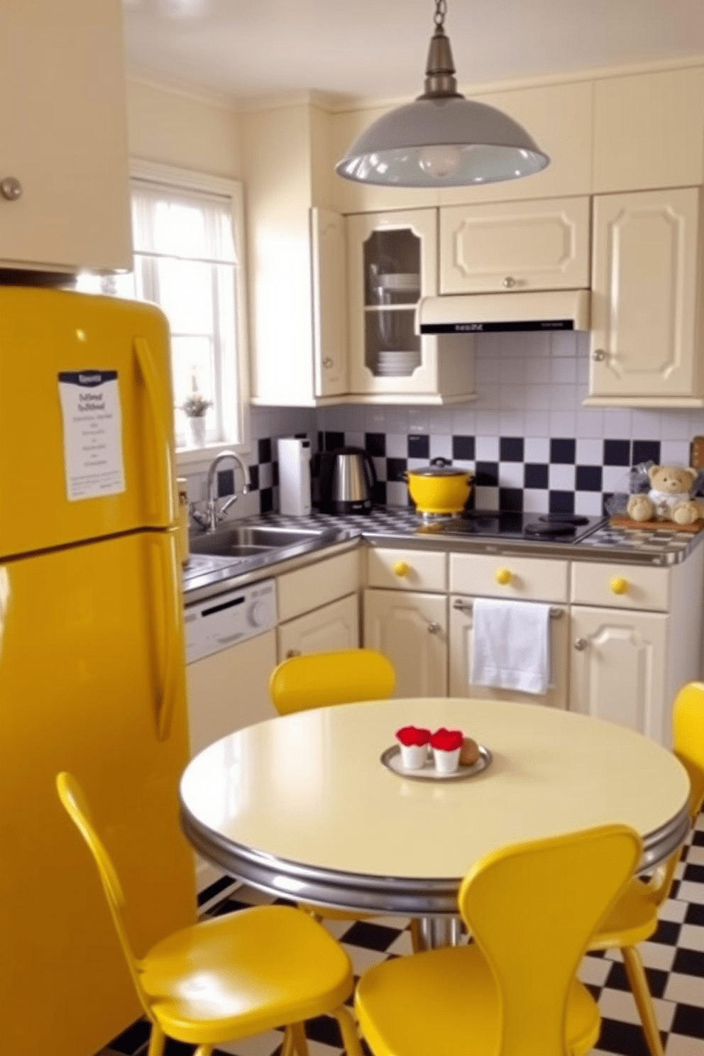 A vintage kitchen featuring charming yellow appliances that evoke a sense of nostalgia. The cabinets are painted in a soft cream color, complementing the bright yellow refrigerator and stove. The countertops are adorned with a classic checkerboard pattern in black and white. A cozy breakfast nook with a round table and retro chairs adds to the inviting atmosphere.