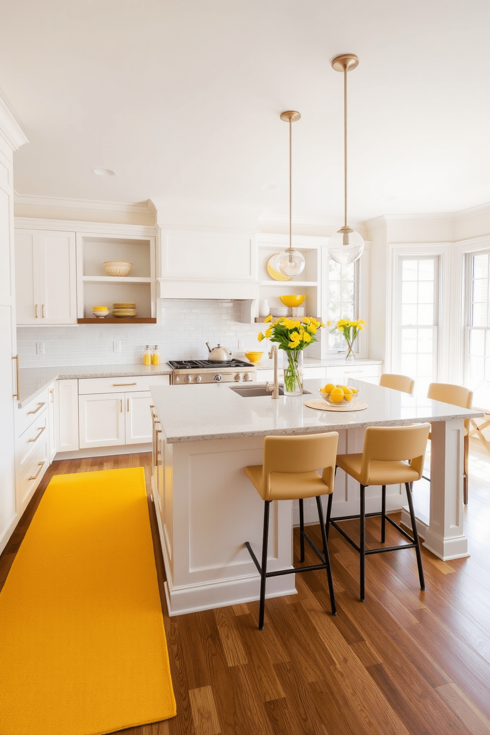 A sunny yellow rug brightens the floor of a cheerful kitchen. The kitchen features white cabinets with sleek hardware and a large island topped with a light gray quartz countertop. Bright yellow accents are incorporated through bar stools and decorative dishes on open shelves. Large windows allow natural light to flood the space, enhancing the inviting atmosphere.