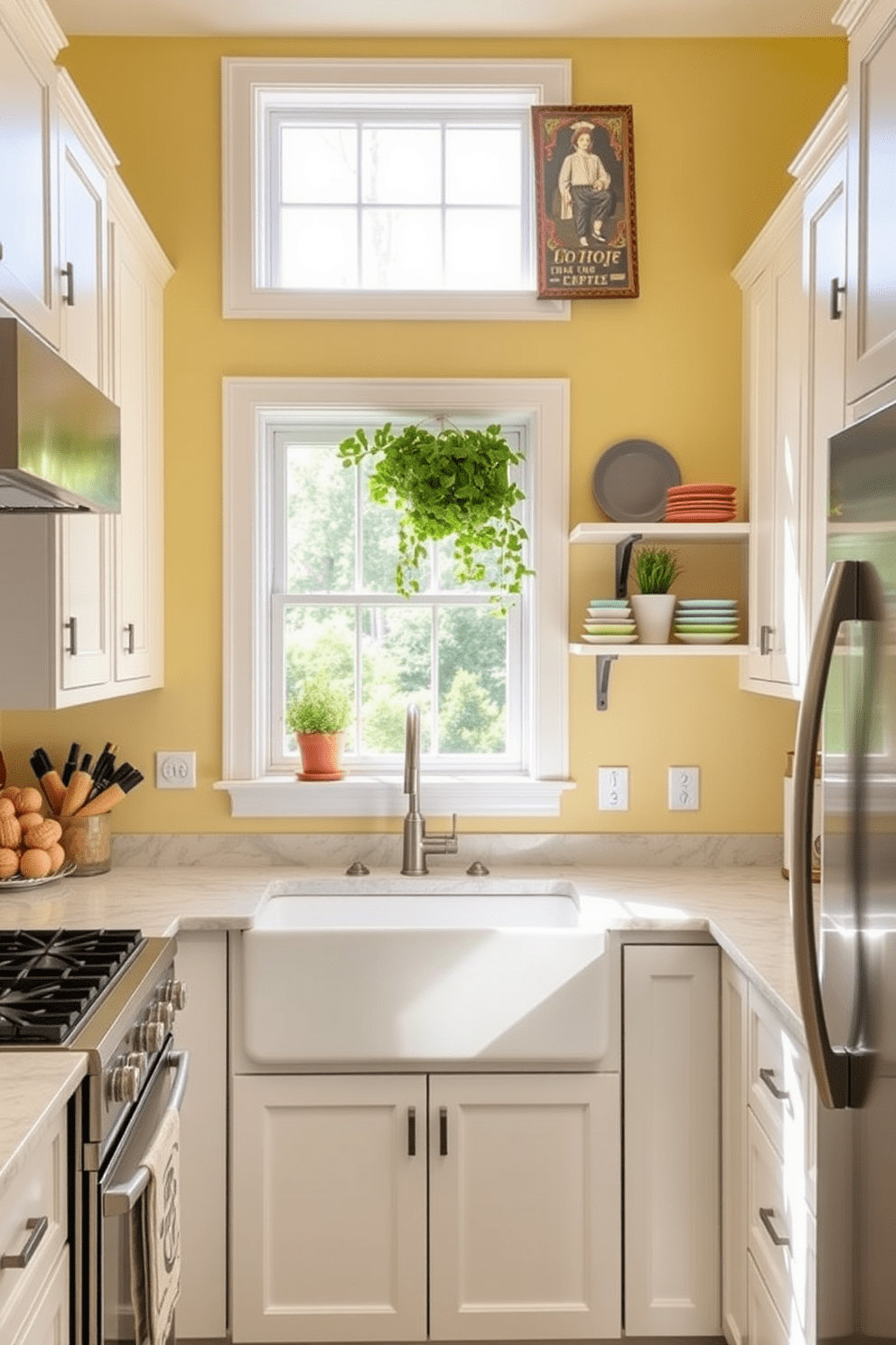 A cozy kitchen with soft pastel yellow walls that create a warm and inviting atmosphere. The cabinetry is a crisp white, complemented by a marble countertop and stainless steel appliances. A large farmhouse sink is positioned under a window, allowing natural light to flood the space. Decorative open shelving displays colorful dishware and potted herbs, adding a touch of charm to the design.