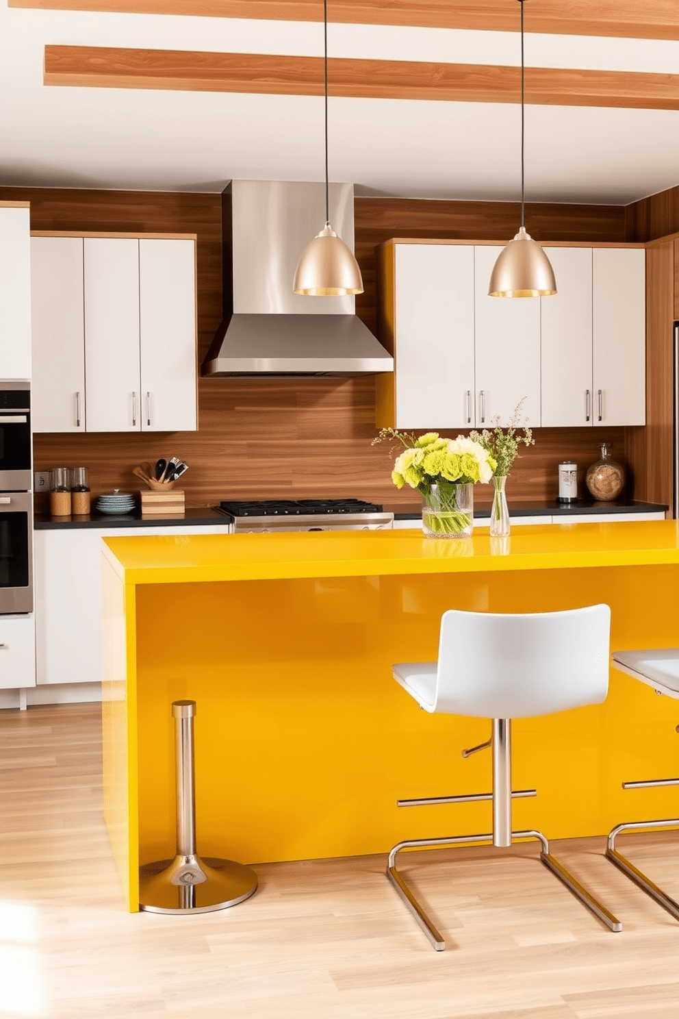 A bold mustard yellow island takes center stage in this vibrant kitchen, complemented by sleek bar stools that invite casual dining. The cabinetry features a mix of crisp white and warm wood tones, creating a harmonious balance with the bright island.