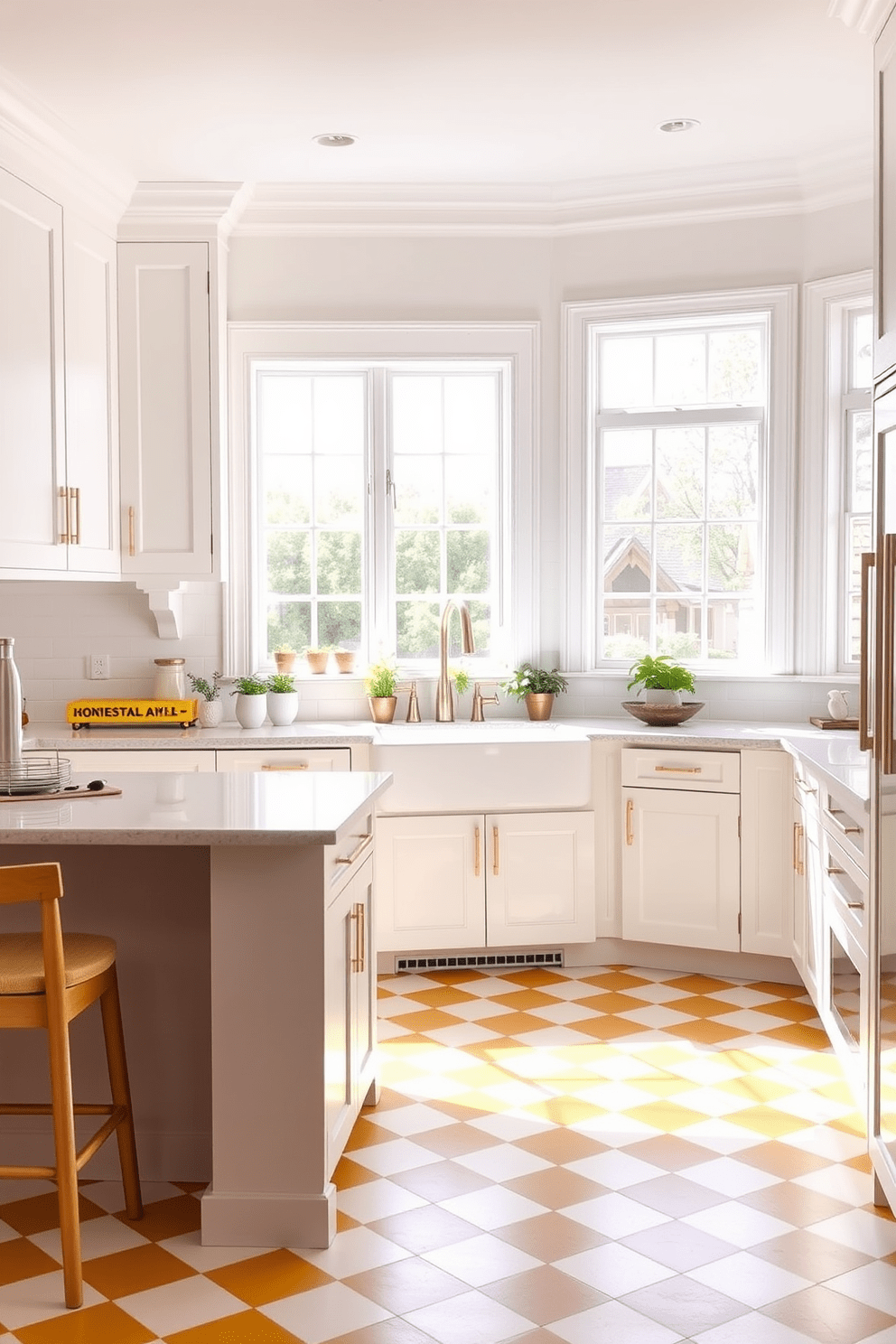 A bright and cheerful kitchen featuring yellow and white checkerboard floor tiles. The cabinetry is a soft white with sleek gold hardware, complemented by a spacious island topped with a light gray quartz countertop. Sunlight streams in through large windows, illuminating the room and enhancing the vibrant color scheme. A stylish farmhouse sink sits beneath the window, surrounded by decorative potted herbs for a fresh touch.