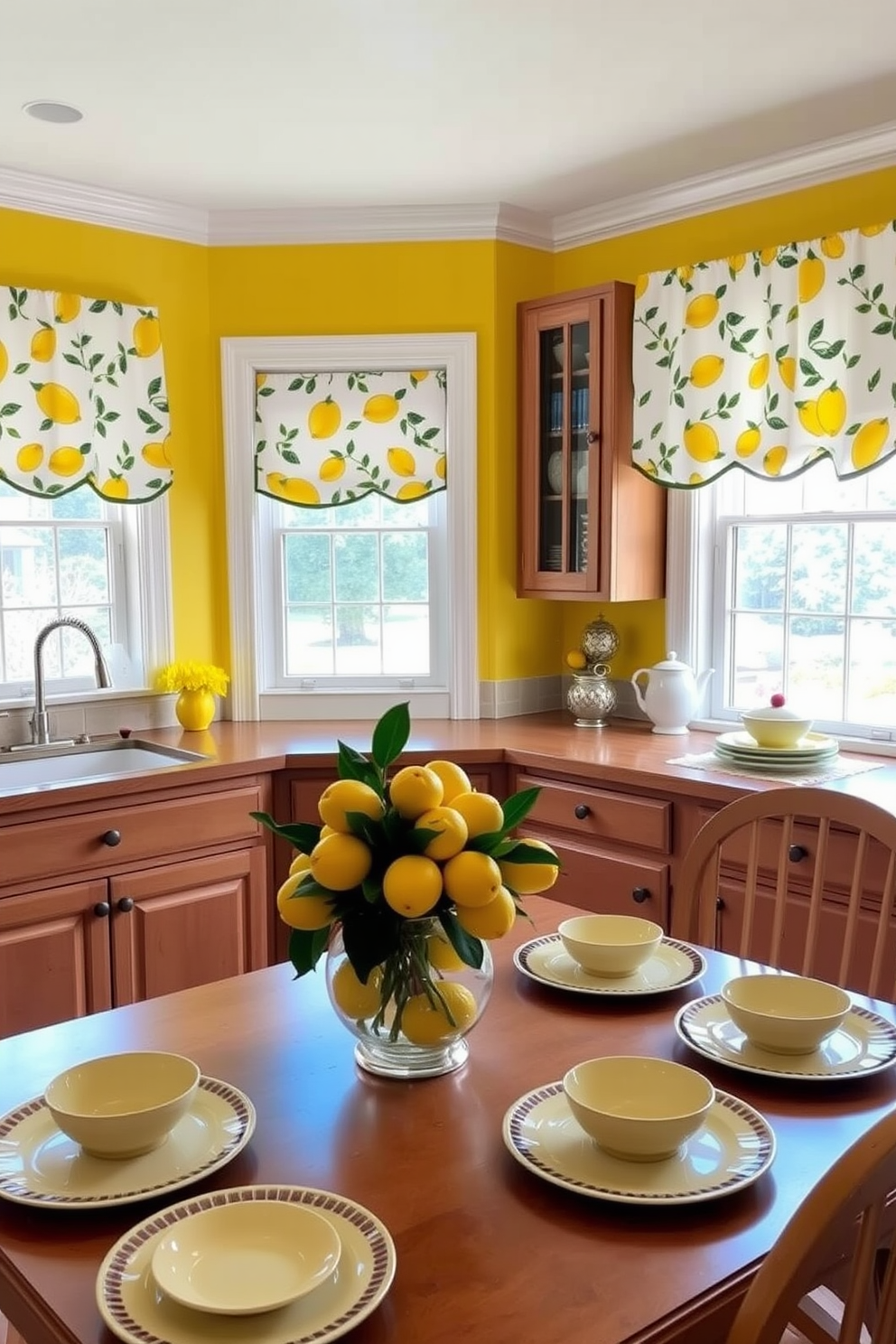 A cheerful kitchen adorned with lemon-themed decor accents. Bright yellow walls complement a white farmhouse sink and wooden cabinetry. Lemon-patterned curtains frame the windows, allowing natural light to flood the space. A vibrant lemon centerpiece sits on the dining table, surrounded by matching dishware.