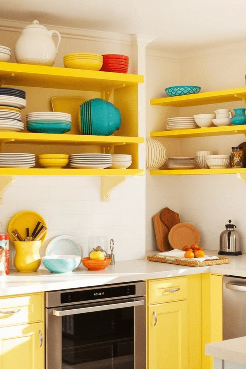 A bright and cheerful kitchen featuring yellow open shelving filled with an array of colorful dishes. The walls are painted in a soft white hue, creating a vibrant contrast that enhances the sunny atmosphere of the space.