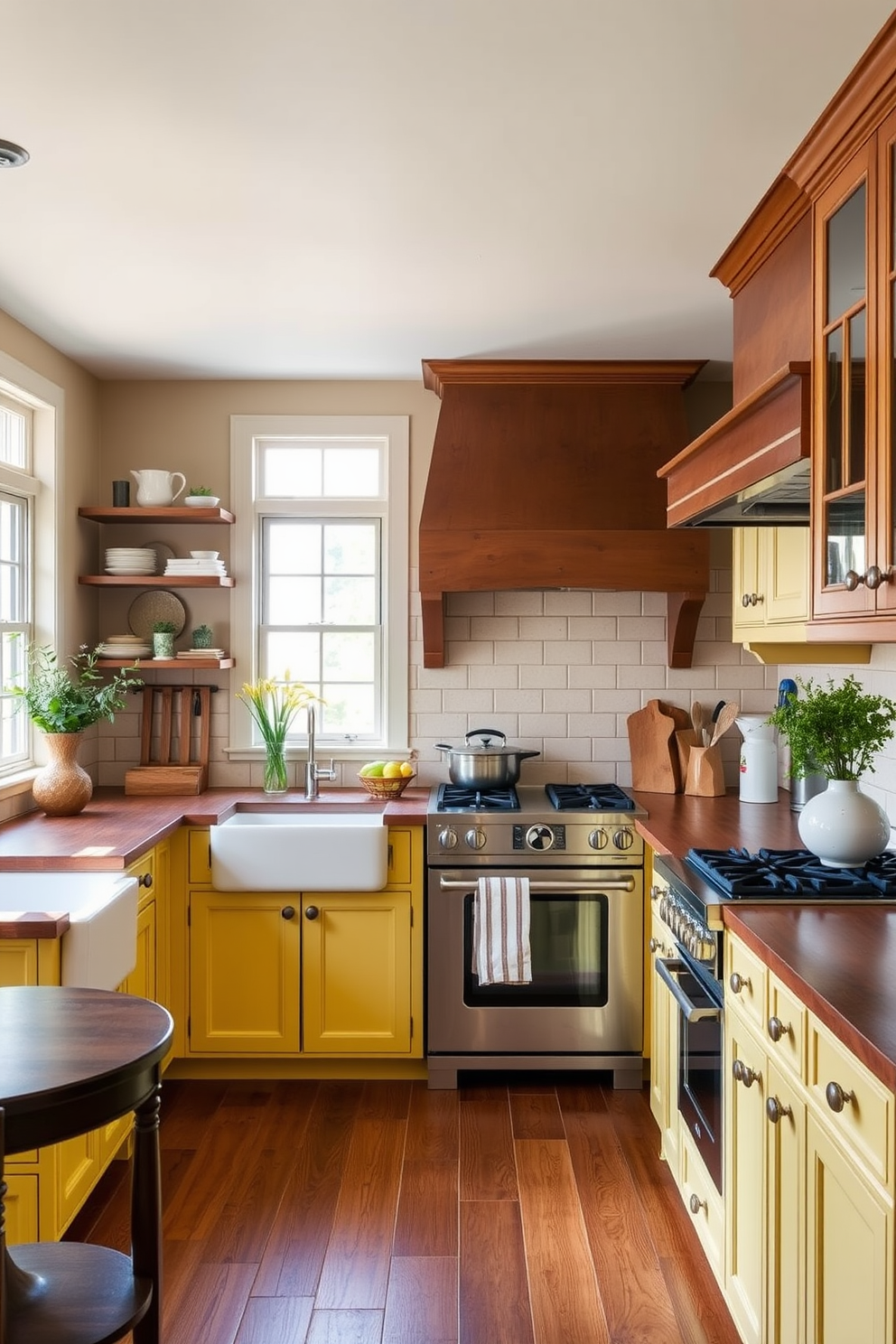 A warm and inviting kitchen featuring buttery yellow cabinetry that beautifully contrasts with rich wood tones. The space is filled with natural light, highlighting the cheerful ambiance and creating a cozy atmosphere for cooking and gathering.