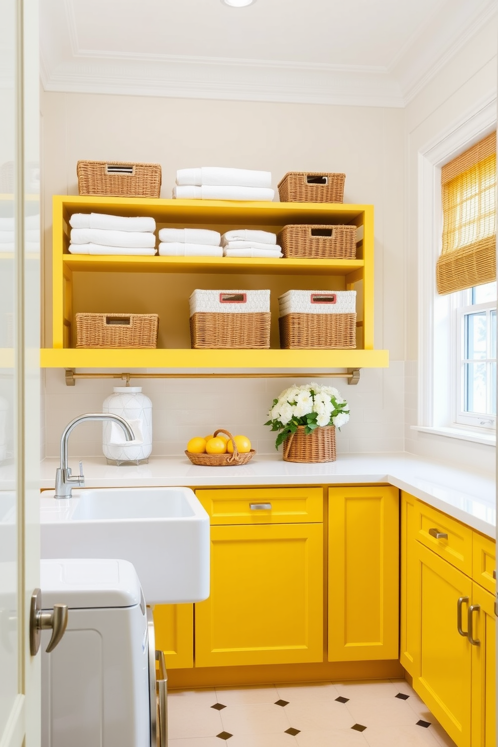 Bright yellow cabinets with white countertops create a cheerful and vibrant atmosphere in the laundry room. The space features a large farmhouse sink and stylish open shelving above, adorned with neatly folded towels and decorative storage baskets.