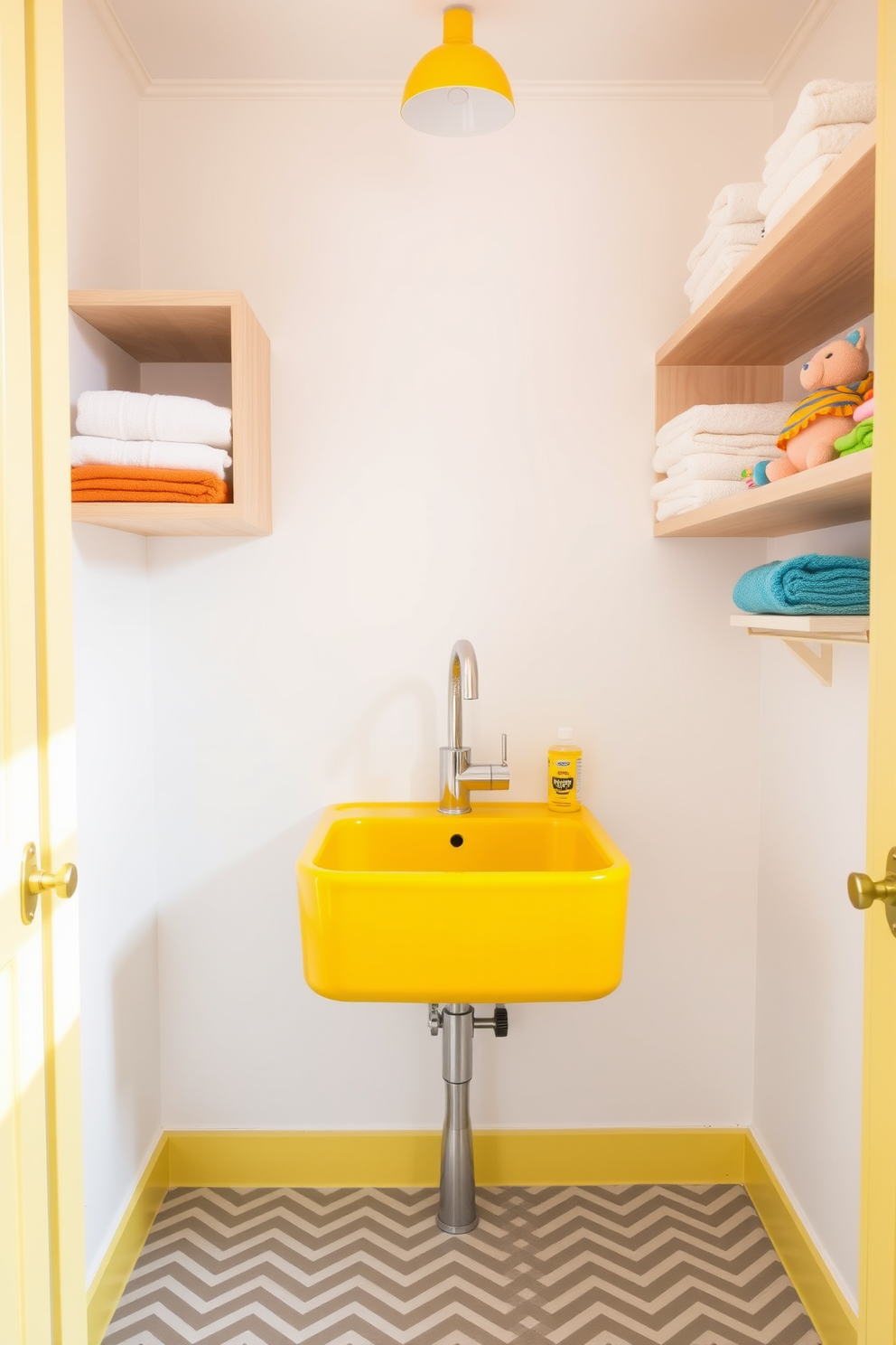 A bright yellow laundry sink with a sleek modern faucet is the centerpiece of this cheerful laundry room. The walls are painted in a soft white, creating a fresh contrast that enhances the vibrant yellow accents throughout the space. Surrounding the sink, there are open shelves made of light wood, displaying neatly folded towels and colorful laundry supplies. The floor features a playful geometric pattern in gray and white, adding a stylish touch to this functional area.