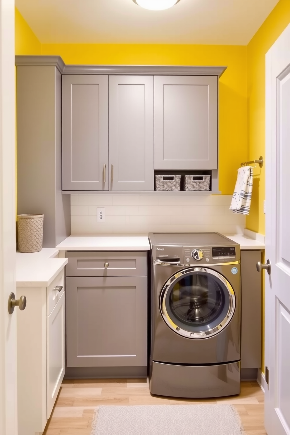 A bright and cheerful laundry room featuring a yellow and gray color scheme. The walls are painted a soft yellow, while the cabinetry is a sleek gray, creating a harmonious balance. In the center, a spacious white countertop provides ample space for folding clothes. A stylish gray washer and dryer are seamlessly integrated into the design, with decorative baskets in varying shades of gray for storage.