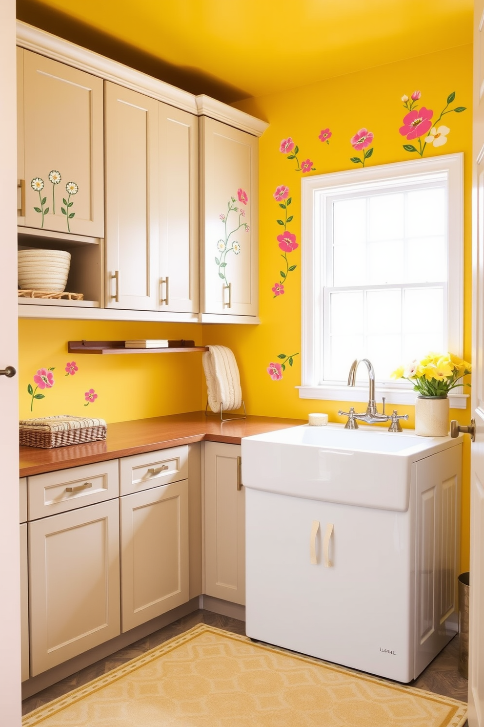 Floral decals adorn the cheerful yellow painted walls, bringing a vibrant and lively atmosphere to the space. The room features a practical layout with ample storage solutions, including stylish cabinets and open shelving for laundry essentials. A large, functional laundry sink is positioned near the window, allowing natural light to brighten the area. Complementing the decor, a patterned rug adds a touch of warmth and comfort underfoot, making laundry chores more enjoyable.