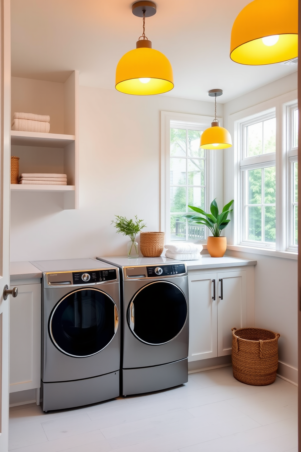 A bright and cheerful laundry room filled with natural light. The walls are painted in a soft white, creating a fresh backdrop for the bright yellow lighting fixtures that add warmth and vibrancy to the space. The room features a spacious countertop for folding laundry, complemented by open shelving for easy access to supplies. A stylish washer and dryer set in a sleek design sits next to a large window, enhancing the inviting atmosphere.