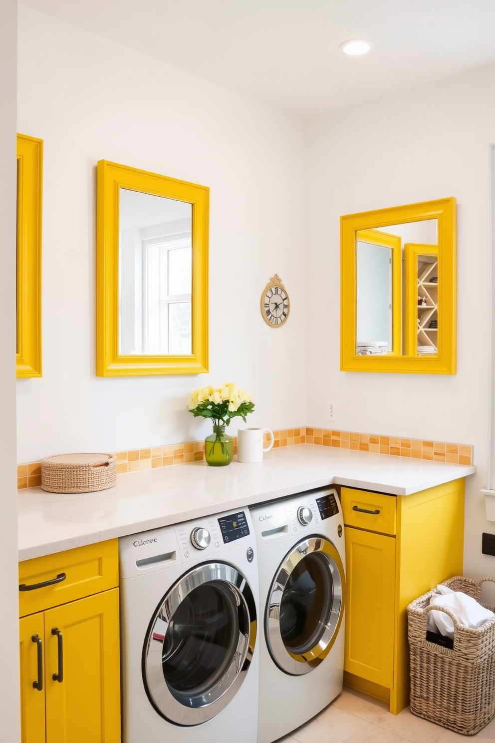 A bright and cheerful laundry room featuring yellow framed mirrors that reflect light and create an illusion of more space. The walls are painted in a soft white, complemented by a functional yet stylish yellow cabinetry for storage. The laundry area includes a spacious countertop for folding clothes, with a vibrant backsplash that adds a pop of color. A washer and dryer are neatly integrated into the design, with decorative baskets placed nearby for organization.