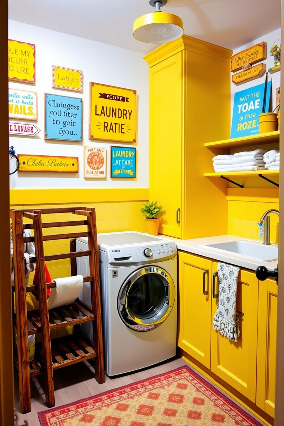 A whimsical laundry room filled with cheerful yellow accents. The walls are adorned with playful laundry signs and inspirational quotes in bright colors. A vintage-style washing machine is paired with a rustic wooden drying rack. Bright yellow cabinets provide ample storage, while a patterned rug adds a touch of fun to the space.