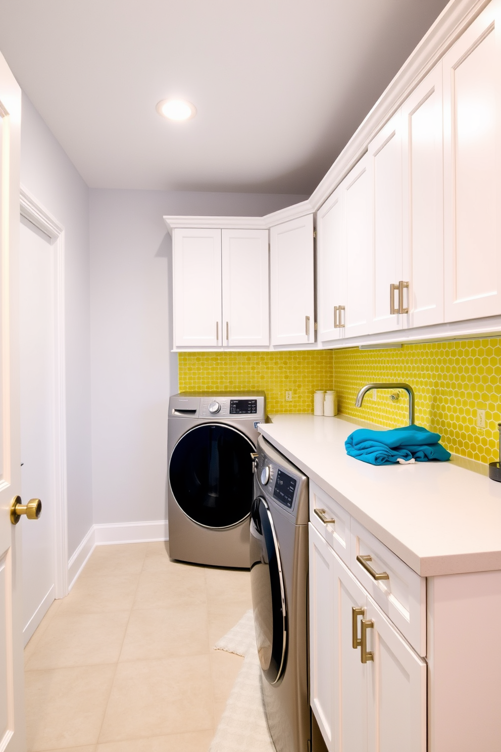 A bright and cheerful laundry room featuring a yellow mosaic tile backsplash that adds a vibrant touch to the space. The room is equipped with white cabinets and a spacious countertop for folding clothes, creating a functional yet stylish environment.