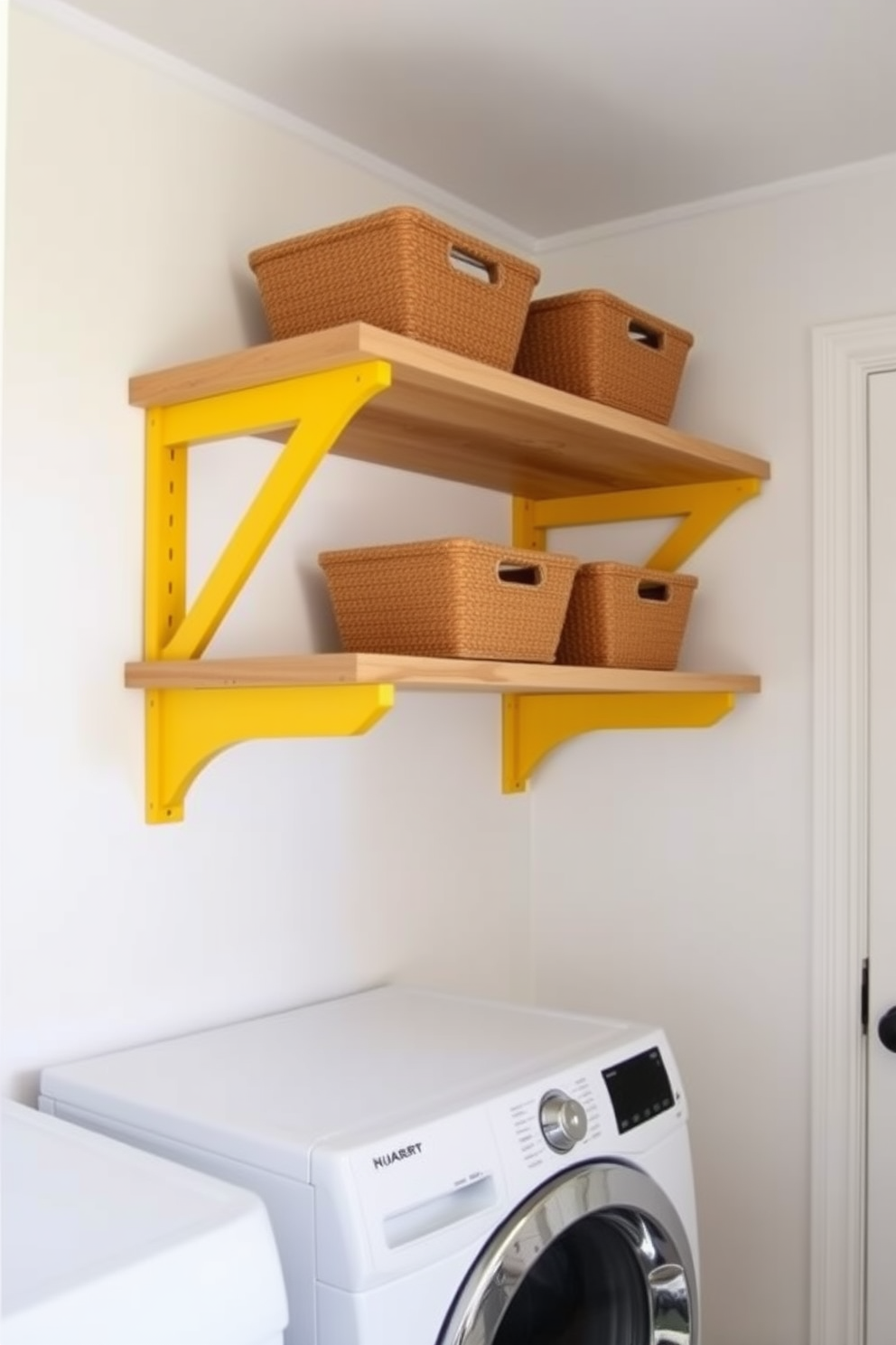 A bright and cheerful laundry room features wooden shelves supported by vibrant yellow brackets. The walls are painted in a soft white, creating a fresh and airy atmosphere that enhances the yellow accents.