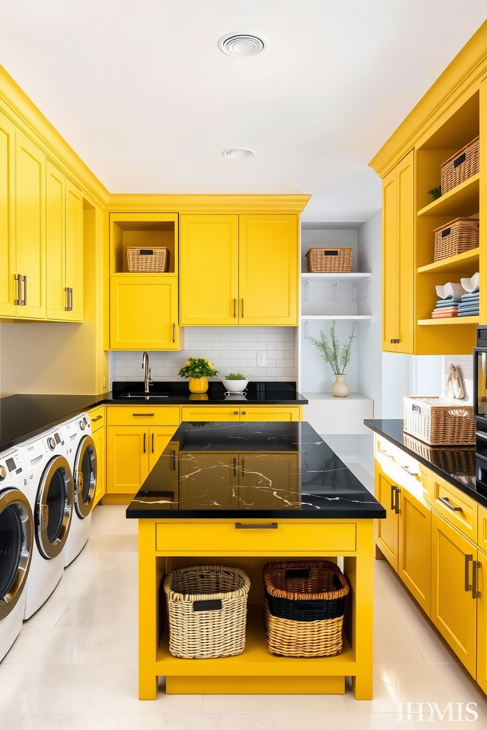 A bright and airy laundry room features bold yellow cabinetry paired with sleek black countertops. The walls are painted in a soft white, creating a striking contrast that enhances the modern aesthetic. A spacious island in the center is topped with black marble, providing ample workspace and storage. Decorative baskets in varying shades of yellow and black add functionality and style to the room.