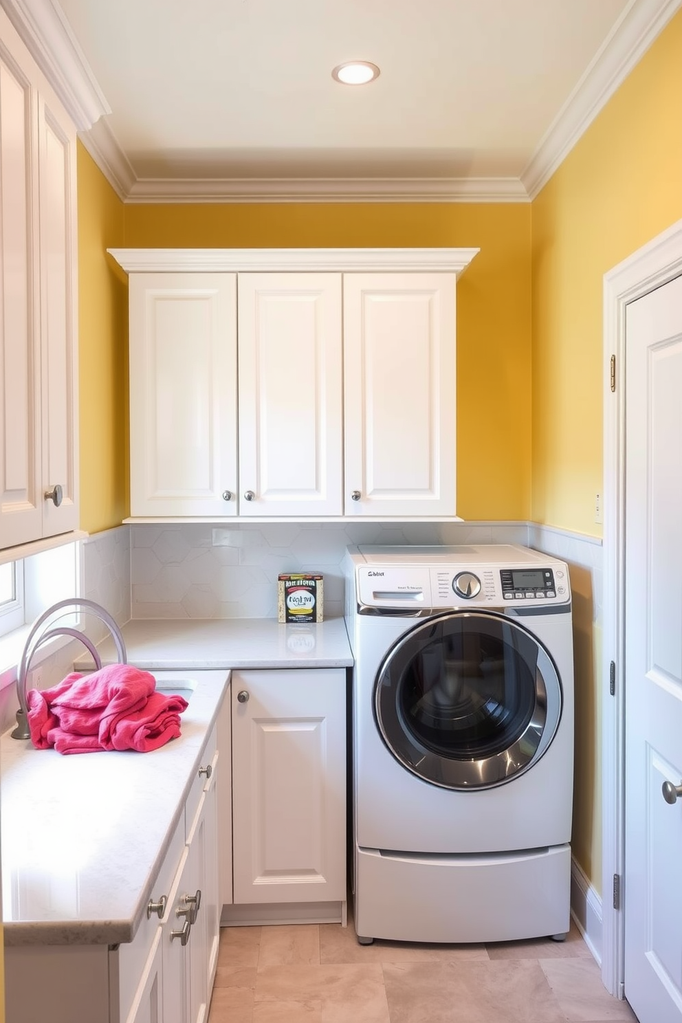 A bright and inviting laundry room featuring soft yellow paint on the walls to create a calming atmosphere. The space includes white cabinetry for storage and a sleek countertop for folding clothes, complemented by a stylish backsplash with subtle patterns.