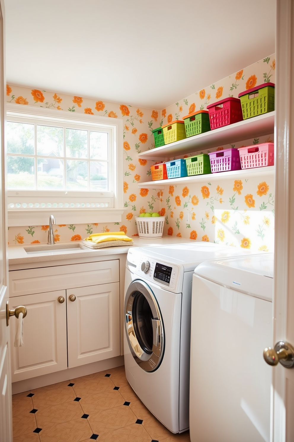 A bright and cheerful laundry room features sunny wallpaper adorned with playful patterns of flowers and geometric shapes. The space is filled with natural light from a large window, creating an inviting atmosphere for laundry tasks. The room includes a spacious countertop for folding clothes, complemented by open shelving displaying colorful storage baskets. A vintage-style washing machine and dryer in soft white tones add a charming touch to the vibrant decor.