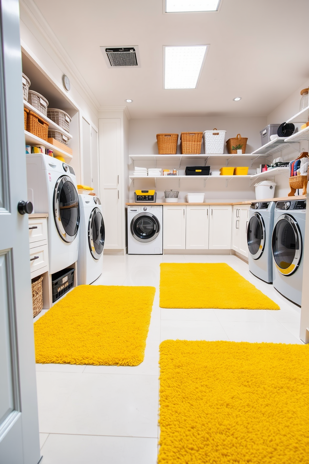 A bright and cheerful laundry room features a spacious layout with yellow rugs that add texture and vibrant color to the space. The room is equipped with modern appliances, ample storage solutions, and stylish shelving to keep everything organized and accessible.