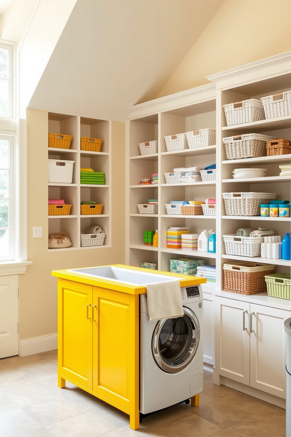 A bright yellow folding station sits prominently in the center of the laundry room. Surrounding it are open shelves filled with neatly organized baskets and colorful laundry supplies. The walls are painted in a soft pastel hue that complements the vibrant yellow. Large windows let in natural light, creating a warm and inviting atmosphere.