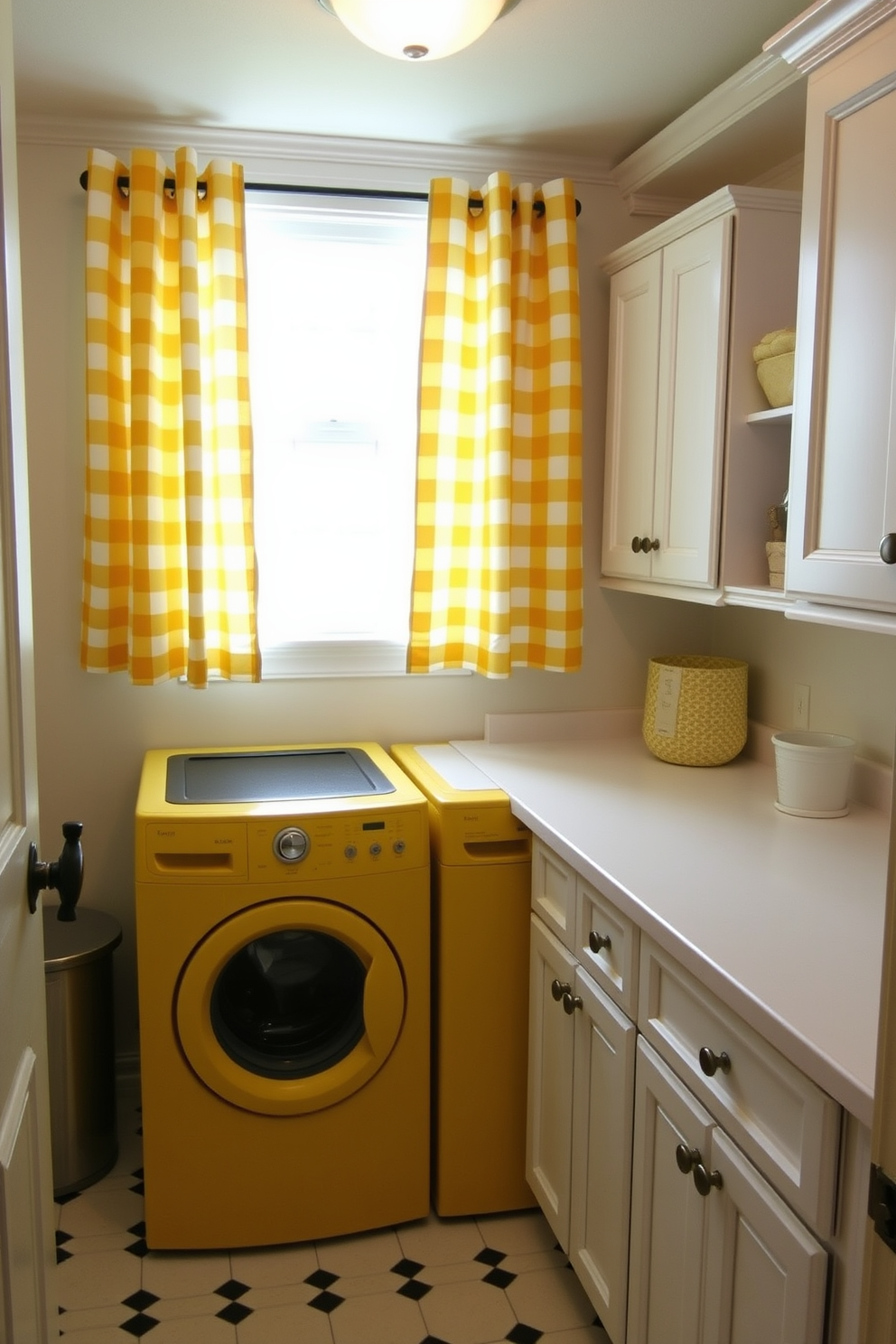 A cheerful laundry room featuring yellow and white checkered curtains that add a touch of charm. The space includes a bright yellow washer and dryer set, complemented by white cabinetry and a spacious countertop for folding clothes.