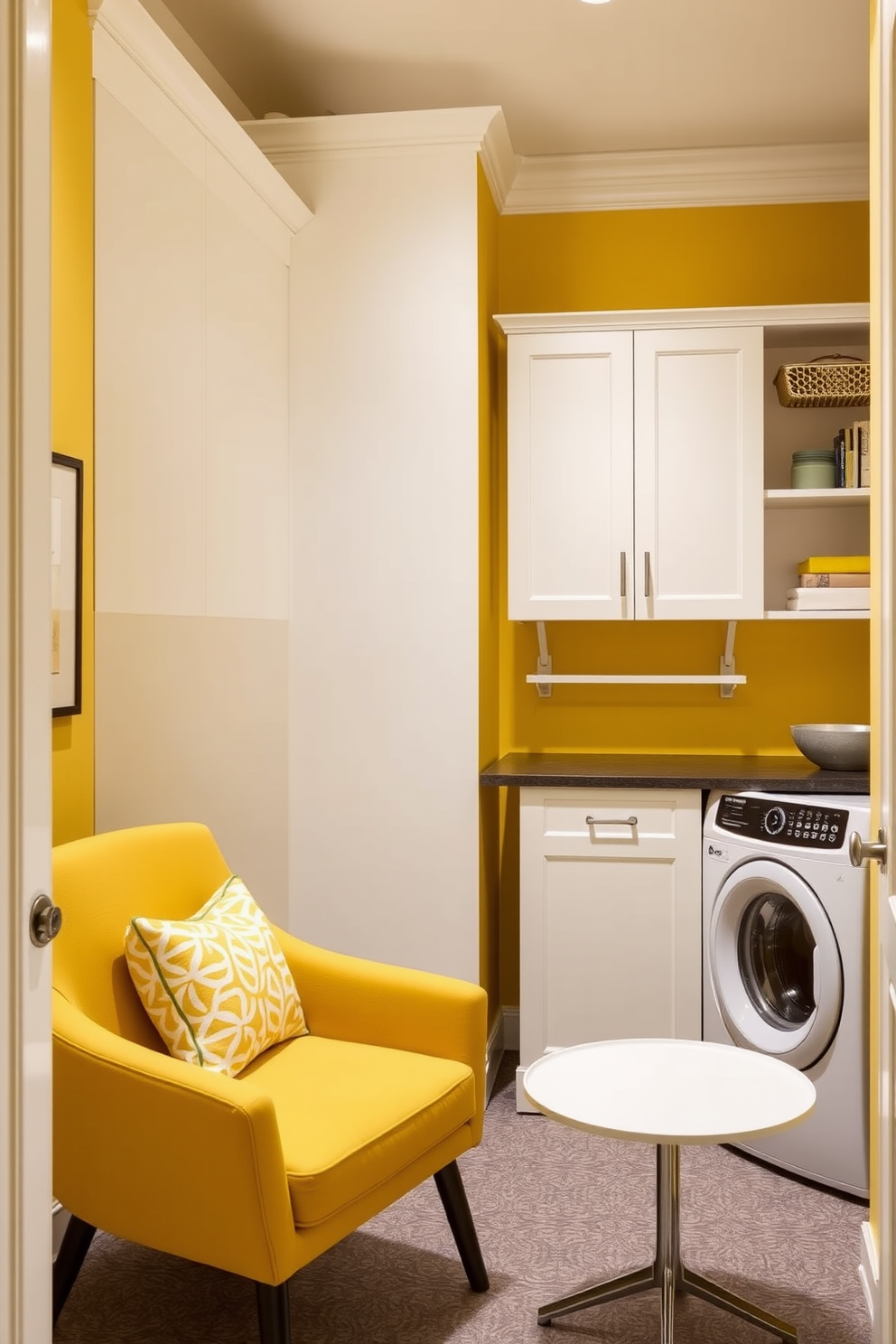 Accent chair in vibrant yellow hue. The chair is upholstered in a soft fabric with a modern design, positioned in a cozy corner next to a small round table. Yellow laundry room design ideas. The walls are painted a cheerful shade of yellow, complemented by white cabinetry and stylish shelving for storage.