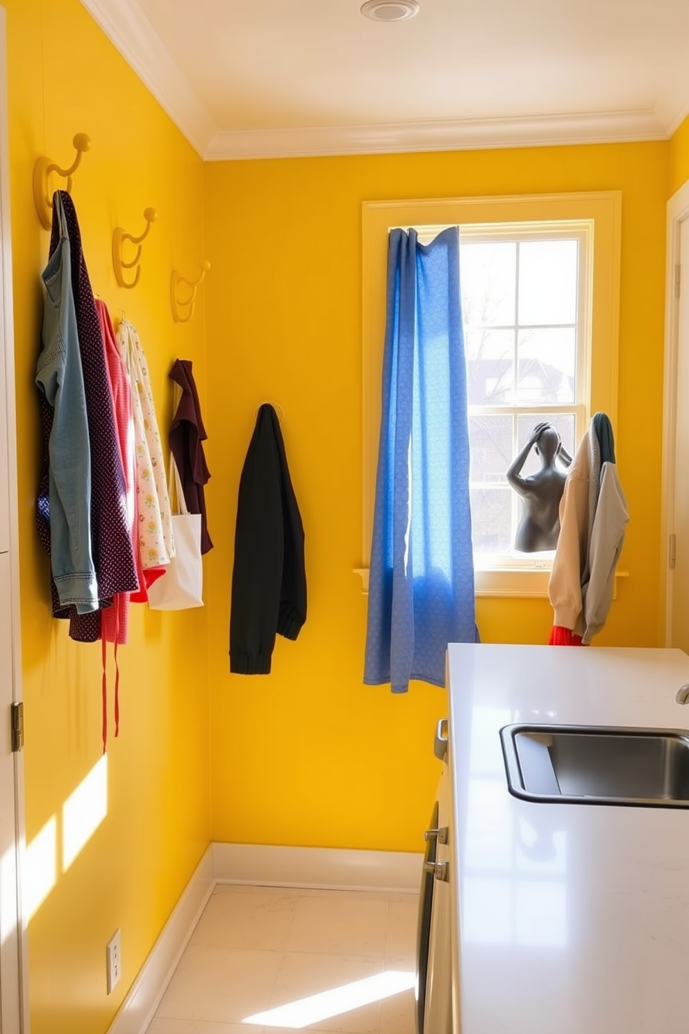 A cheerful yellow laundry room filled with natural light. The walls are painted in a soft pastel yellow, creating a bright and inviting atmosphere. Decorative yellow hooks line the wall, providing stylish organization for clothes and accessories. A spacious countertop made of white quartz offers ample space for folding laundry and sorting items.