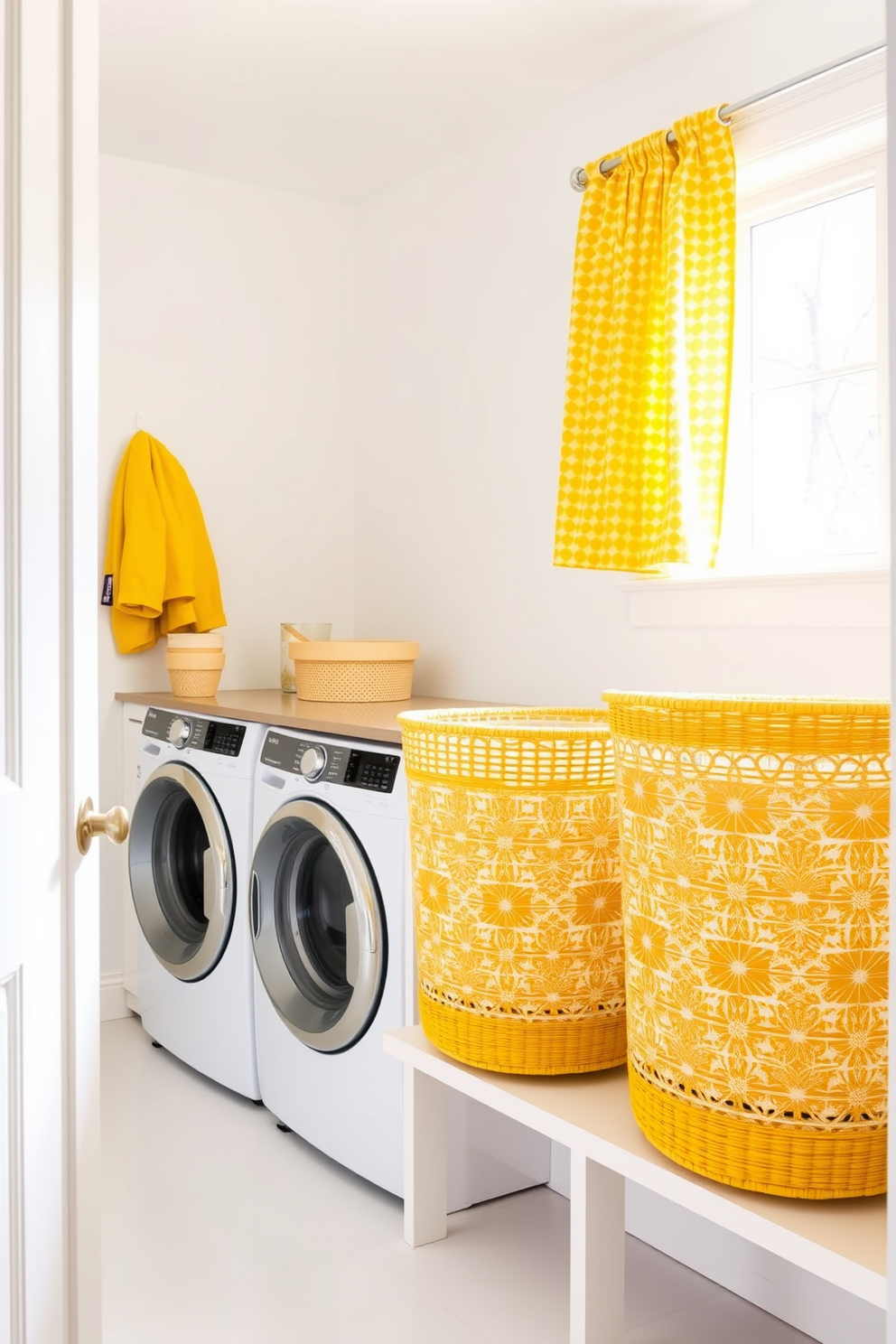 A bright and cheerful laundry room featuring yellow laundry baskets with stylish designs. The walls are painted in a soft white, creating a fresh and airy atmosphere that complements the vibrant yellow accents. The laundry baskets are woven with intricate patterns, adding texture and visual interest to the space. A sleek countertop beside the baskets offers a practical area for sorting and folding clothes, while a window allows natural light to fill the room.