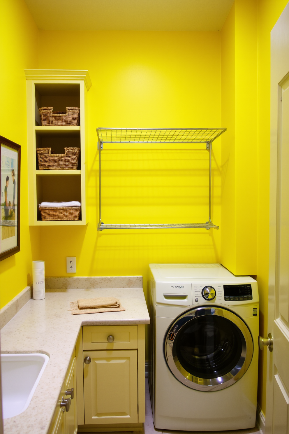 A cheerful laundry room with lively yellow walls that create a bright and inviting atmosphere. The focal point is a wall-mounted drying rack made of sleek metal, providing both functionality and style. The room features a spacious countertop for folding clothes, complemented by open shelving above for storage. Decorative baskets in various textures are neatly arranged, adding a touch of warmth and organization.