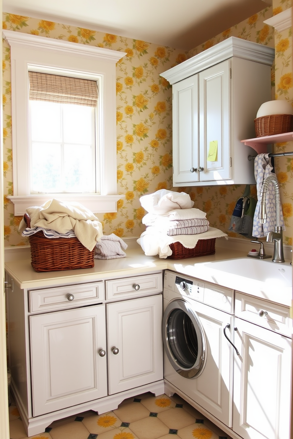 A bright and cheerful laundry room adorned with yellow floral wallpaper creates a fresh and inviting atmosphere. The space features a stylish white countertop with ample storage underneath, complemented by a vintage-inspired sink. Sunlight streams through a large window, illuminating the vibrant patterns on the walls. Baskets filled with neatly folded laundry sit on the countertop, adding a touch of warmth and organization to the room.