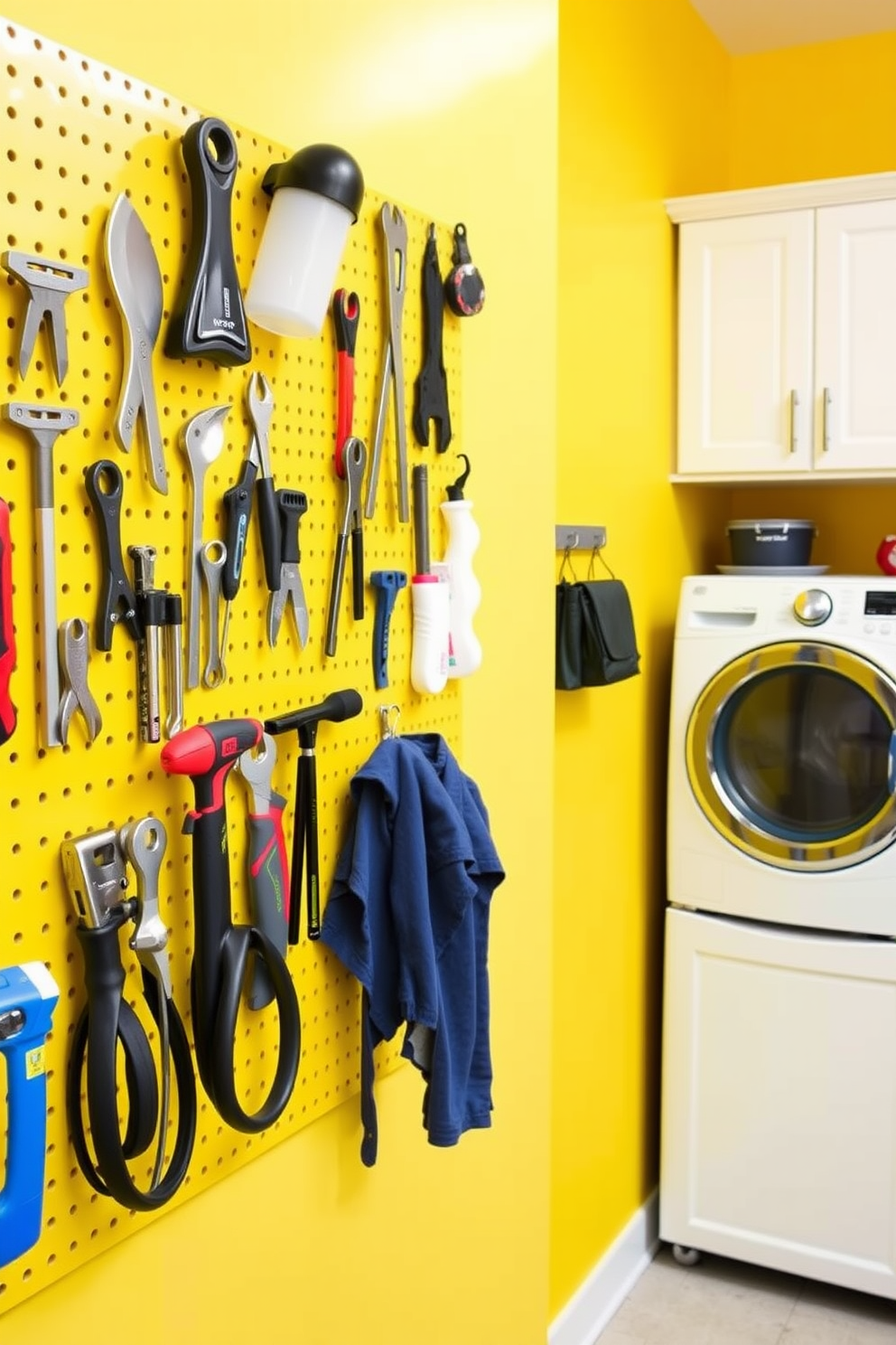 A functional yellow pegboard is mounted on the wall, organized with various tools and accessories for easy access. The laundry room features a bright yellow color scheme with white cabinetry and a spacious countertop for folding clothes.