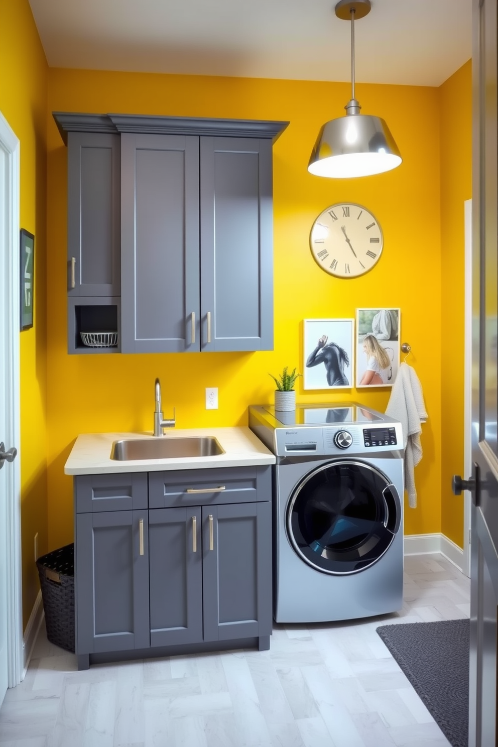 A bright yellow accent wall brings warmth and energy to the laundry room, complemented by stylish gray accents throughout the space. The room features modern gray cabinetry, a sleek countertop, and a spacious washer and dryer setup, creating a functional and inviting atmosphere.