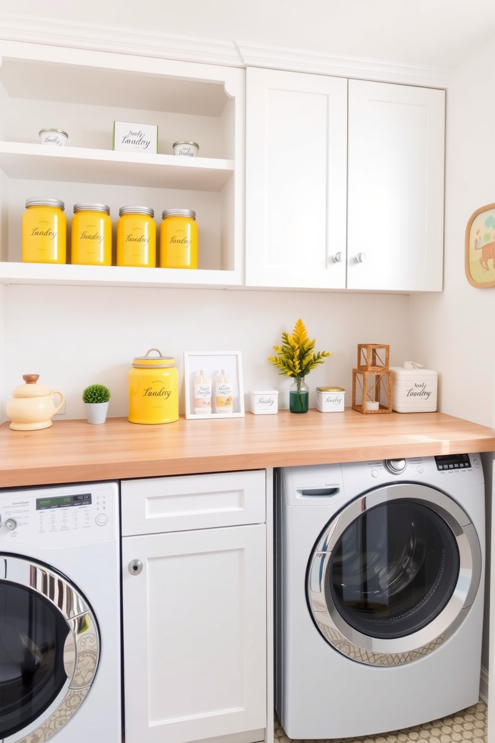 A bright and cheerful laundry room featuring yellow ceramic jars for laundry supplies. The walls are painted in a soft white, complemented by a light wood countertop that provides ample workspace. The jars are neatly arranged on open shelves, adding a pop of color and functionality. A stylish washing machine and dryer are tucked away in a corner, surrounded by playful decor elements that enhance the overall aesthetic.