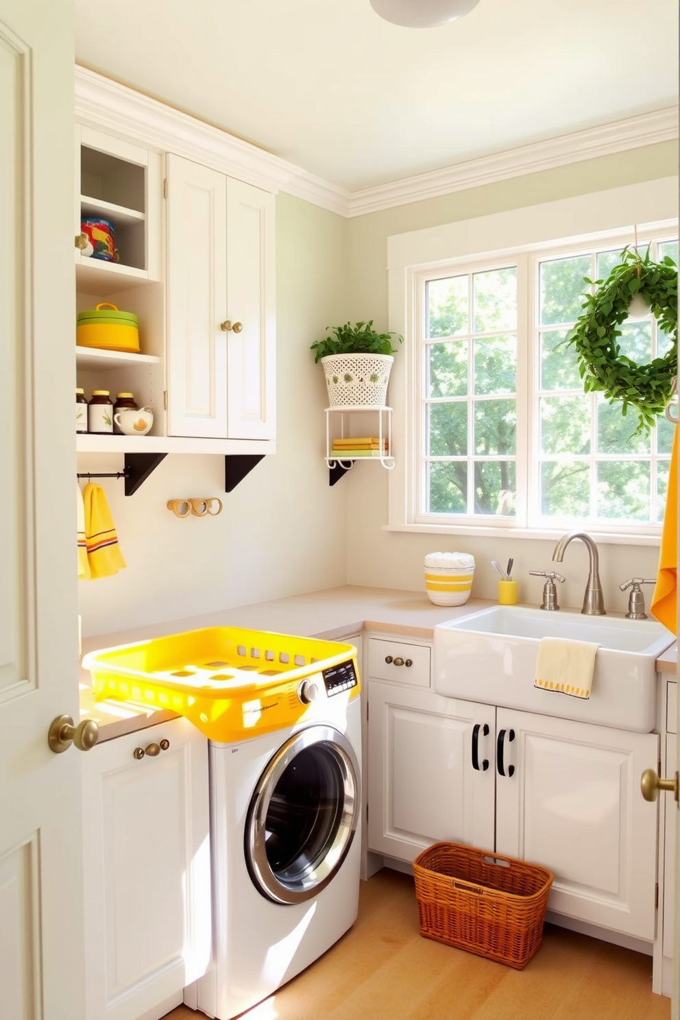 A charming laundry room featuring a vintage yellow laundry basket as the focal point. The walls are painted in a soft pastel shade, complemented by white cabinetry and a farmhouse sink. Bright yellow accents are incorporated through decorative elements and storage solutions. Natural light streams in through a large window, illuminating the space and enhancing the cheerful atmosphere.