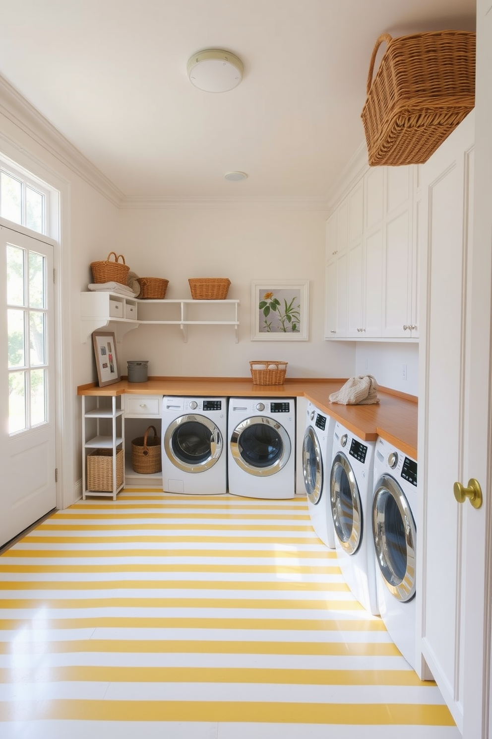 A bright and cheerful laundry room featuring yellow and white striped floor tiles that create a lively atmosphere. The walls are painted in a soft white, complementing the vibrant tiles and enhancing the overall brightness of the space. In one corner, there is a spacious wooden countertop for folding laundry, adorned with decorative baskets for organization. A large window allows natural light to flood the room, making it feel open and inviting.