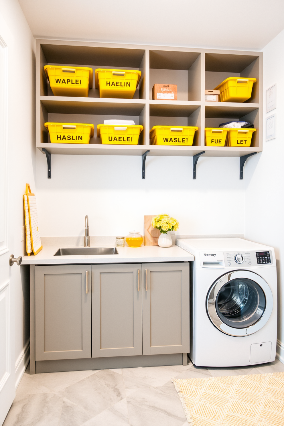 A bright and cheerful laundry room features open shelving filled with vibrant yellow storage bins. The walls are painted in a soft white, creating a fresh and airy atmosphere. The flooring is a light gray tile, providing a modern contrast to the yellow accents. A stylish countertop is placed beneath the shelving, adorned with laundry essentials and decorative items.