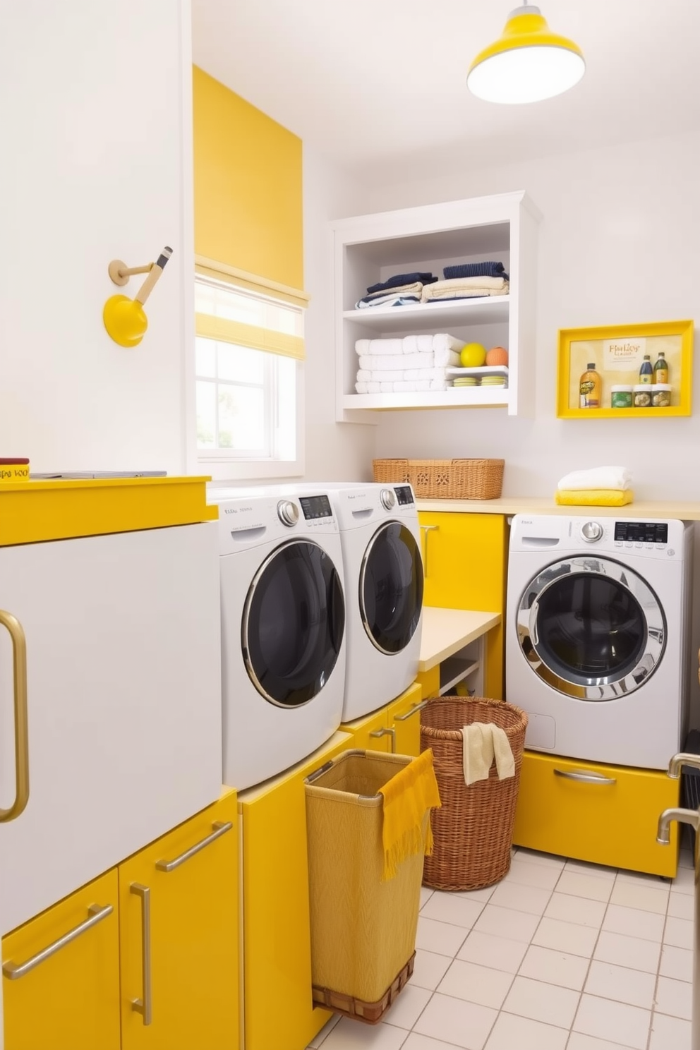 A vibrant laundry room featuring bold yellow appliances that create a cheerful atmosphere. The walls are painted in a soft white shade to enhance the brightness of the yellow elements. The room includes a spacious countertop for folding clothes, paired with open shelving to display neatly arranged laundry essentials. A stylish laundry basket sits in the corner, adding a touch of decor to this functional space.