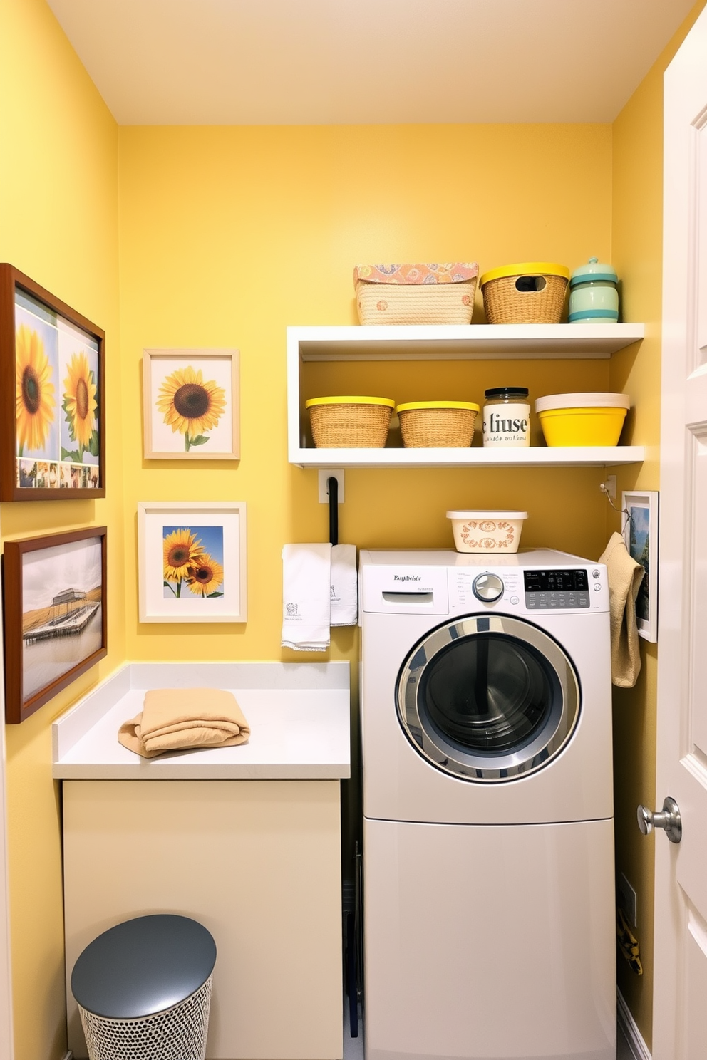 A cheerful laundry room filled with sunshine-inspired wall art and prints. The walls are painted a soft yellow, creating a warm and inviting atmosphere, while framed prints of sunflowers and bright landscapes add a vibrant touch. The laundry area features a spacious countertop for folding clothes, made of white quartz that complements the sunny theme. Open shelving above the washer and dryer displays colorful baskets and decorative jars, enhancing the playful yet functional design.