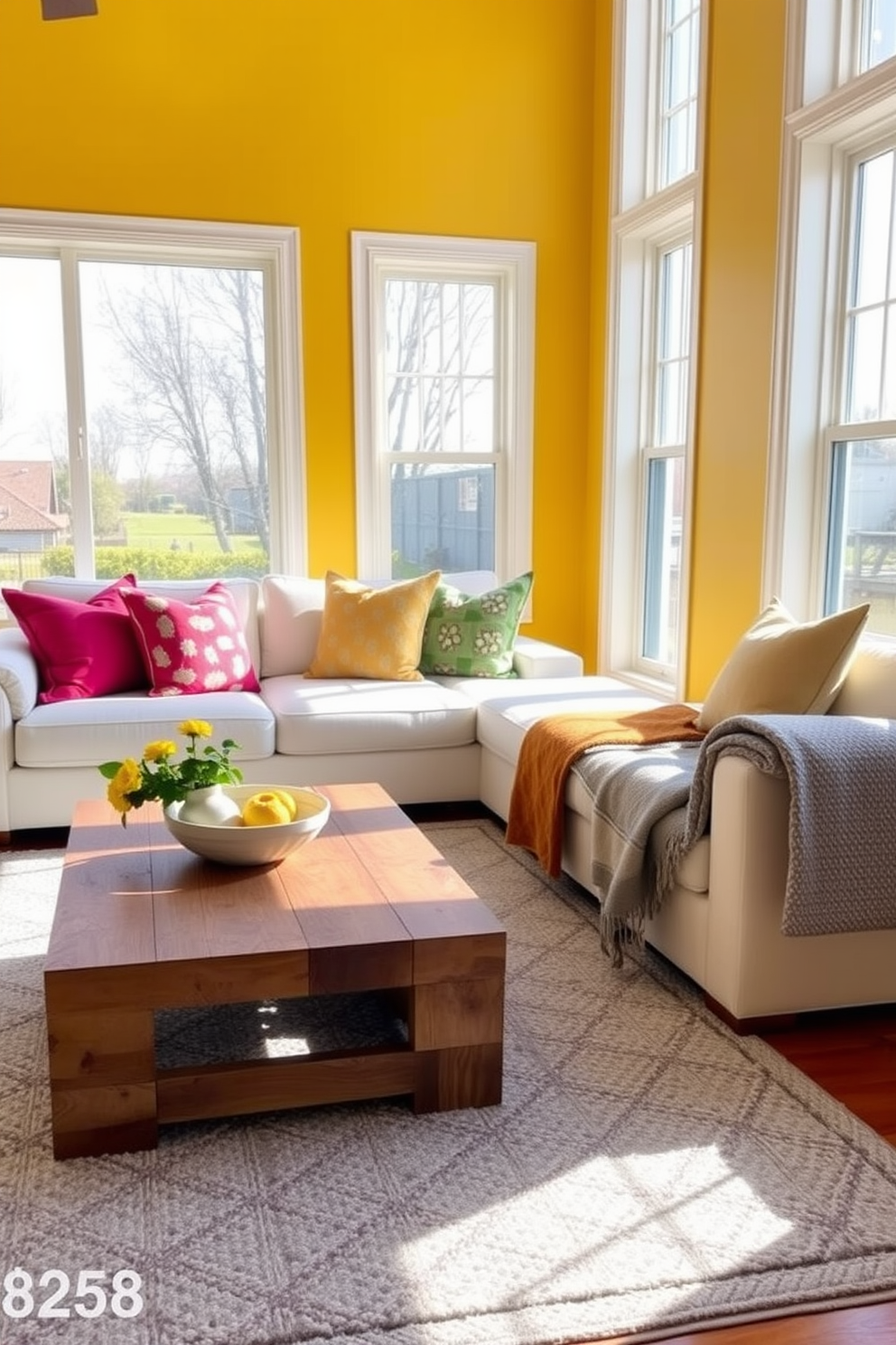 Bright yellow accent walls create a vibrant and cheerful atmosphere in the living room. The space features a plush white sofa adorned with colorful throw pillows and a stylish coffee table made of reclaimed wood. Large windows allow natural light to flood the room, enhancing the brightness of the yellow walls. A cozy area rug in soft gray tones anchors the seating area, providing a perfect contrast to the bold wall color.