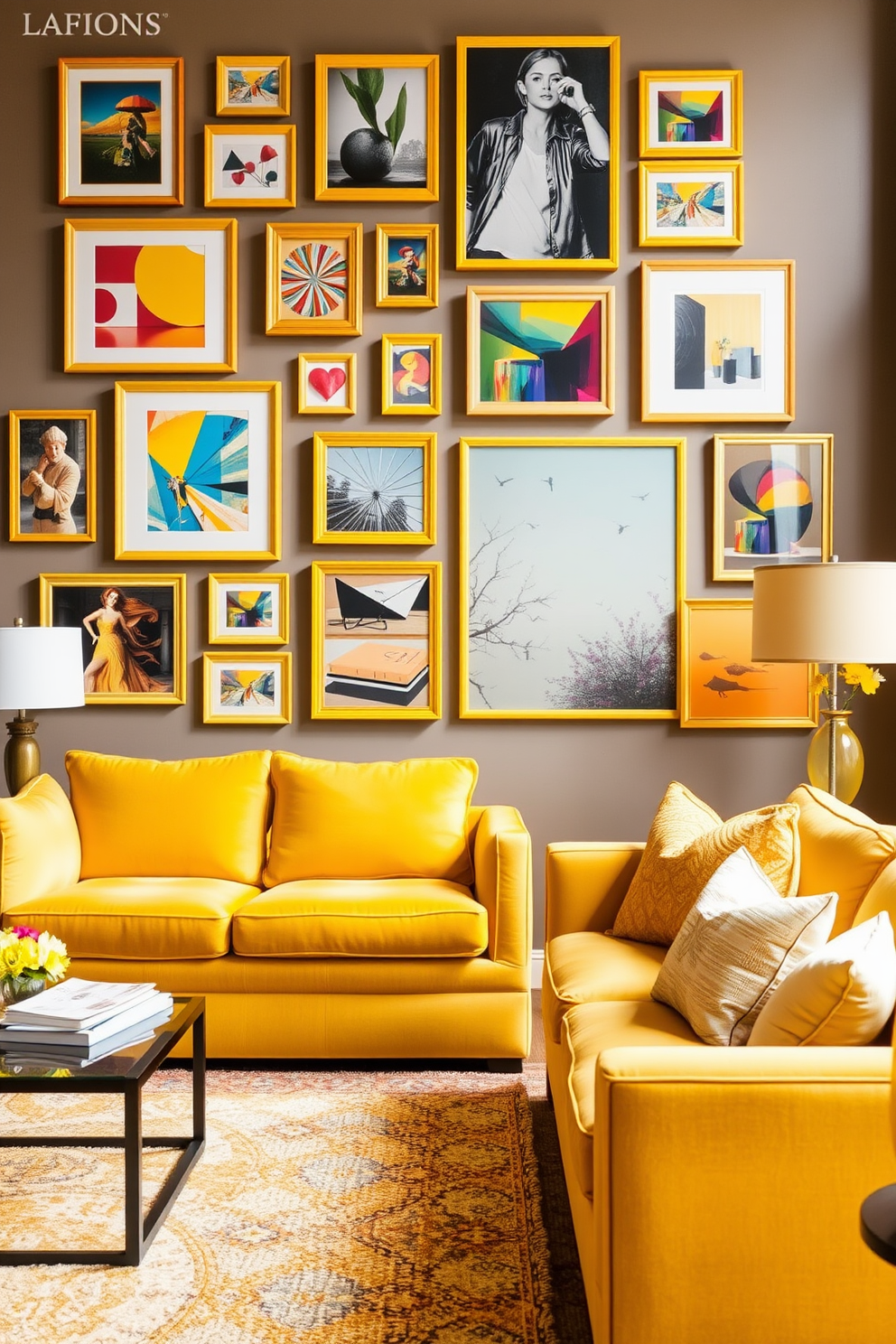 Create a gallery wall featuring a collection of vibrant artwork in yellow frames. The wall is adorned with various sizes of frames showcasing abstract art and photography, creating a lively focal point in the room. Design a bright and inviting living room that incorporates yellow accents throughout. Plush yellow sofas are complemented by soft throw pillows and a stylish area rug, enhancing the cheerful atmosphere of the space.