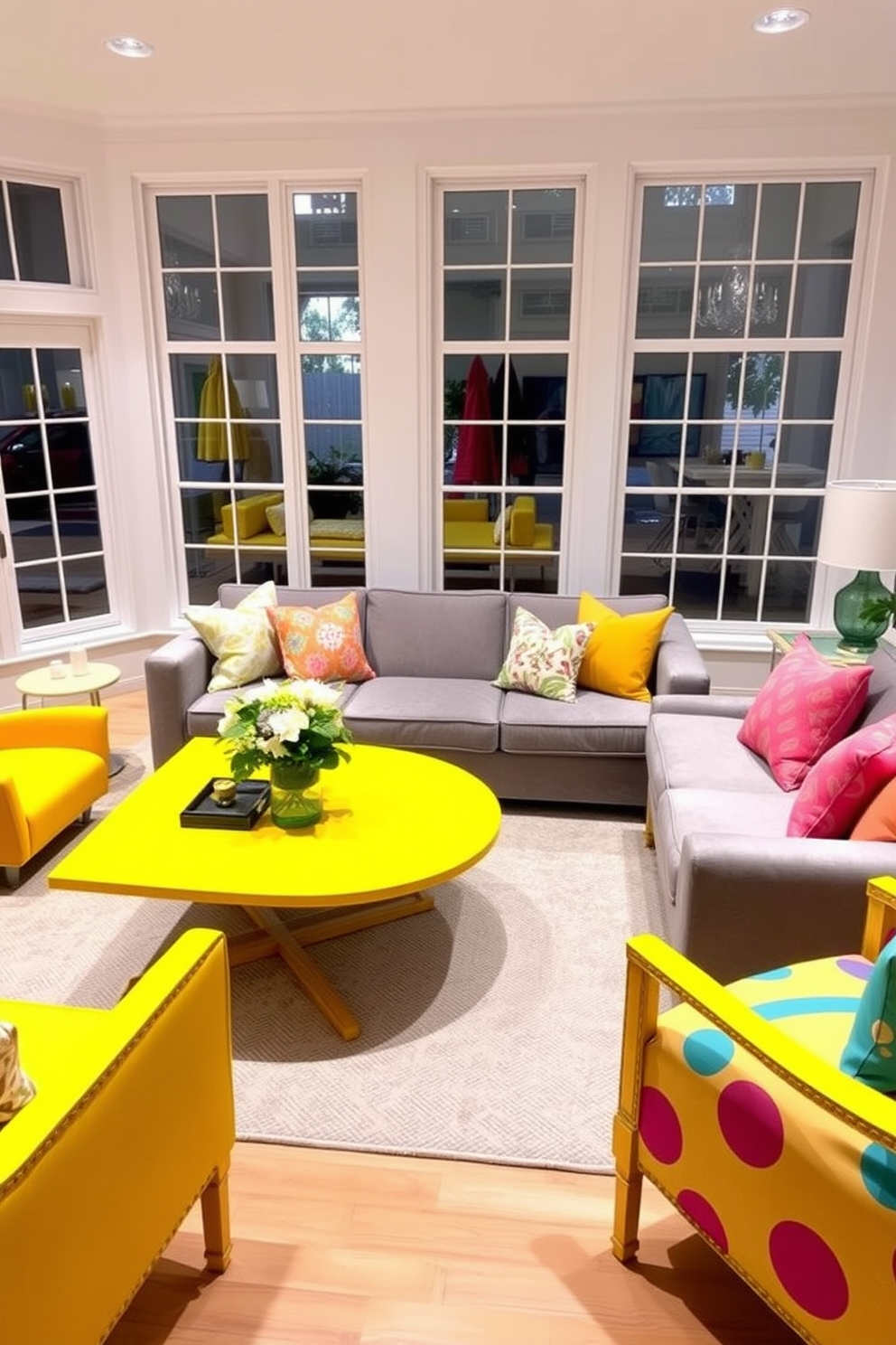 A vibrant yellow coffee table serves as a striking focal point in the living room. Surrounding the table, a plush gray sofa and colorful accent chairs create a warm and inviting atmosphere. The walls are painted in a soft white hue, enhancing the brightness of the yellow table. Large windows allow natural light to flood the space, highlighting the playful decor and vibrant throw pillows.