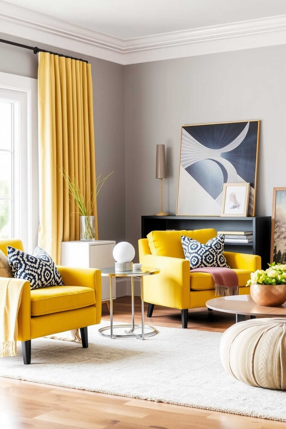 A vibrant living room featuring accent chairs in cheerful yellow hues that bring a sense of warmth and joy to the space. The walls are painted in a soft gray, providing a beautiful contrast that enhances the brightness of the chairs. The seating arrangement includes a plush yellow armchair paired with a sleek modern side table. A cozy area rug in neutral tones anchors the space, while decorative cushions add texture and personality to the overall design.